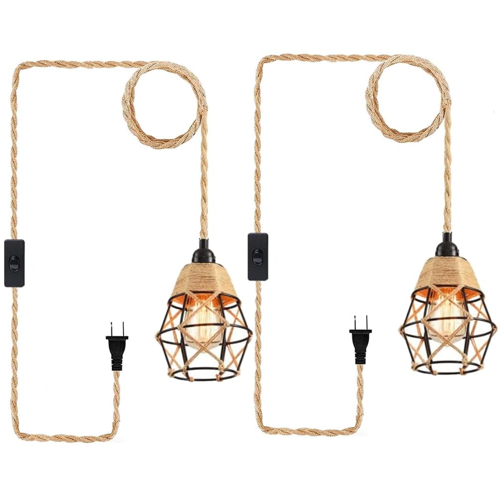 Plug in Pendant Light, Industrial Hanging Light with Plug in Cord Hemp Rope On/Off Switch Farmhouse Pendant Lamp with Plug in Cord, Vintage Hanging Lamps for Dining Room