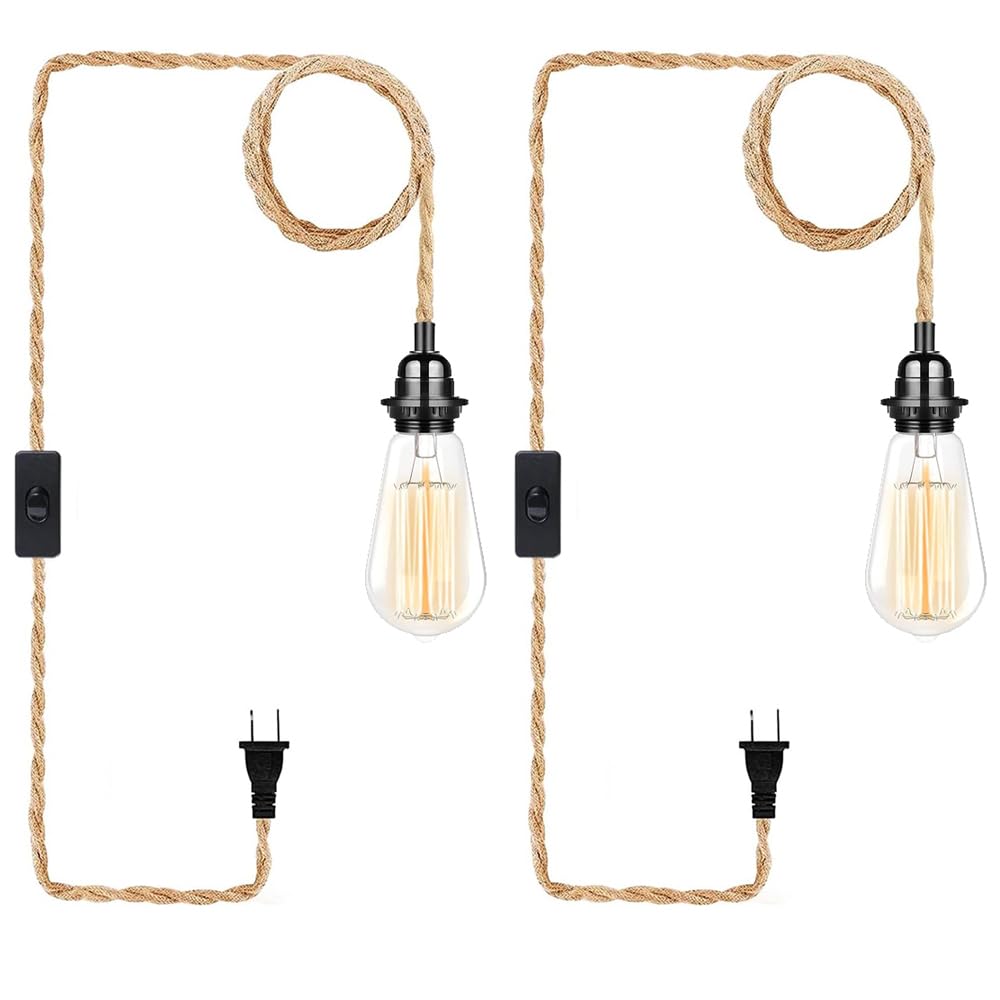 Plug in Pendant Light, Industrial Hanging Light with Plug in Cord Hemp Rope On/Off Switch Farmhouse Pendant Lamp with Plug in Cord, Vintage Hanging Lamps for Dining Room
