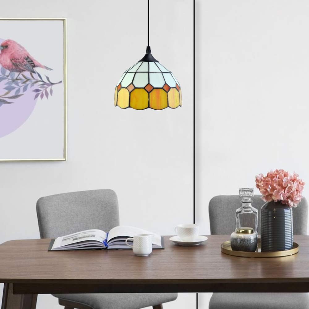 Tiffany Hanging Pendant Light - Dimmable Mini Plug in Light Fixture, Perfect Vintage Swag Ceiling Lamp for Dining Room, Bedroom or Porch,16.4 Ft Hanging Cord, 7.9" Width