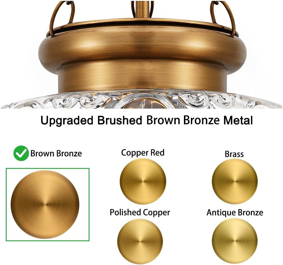 Vintage Pendant Light - Bronze Gold Pendant Lights Kitchen Island with Floral Glass, Brass Penant Lighting Fixtures with Adjustable Hanging Chain for Kitchen, Dining Room, Entryway