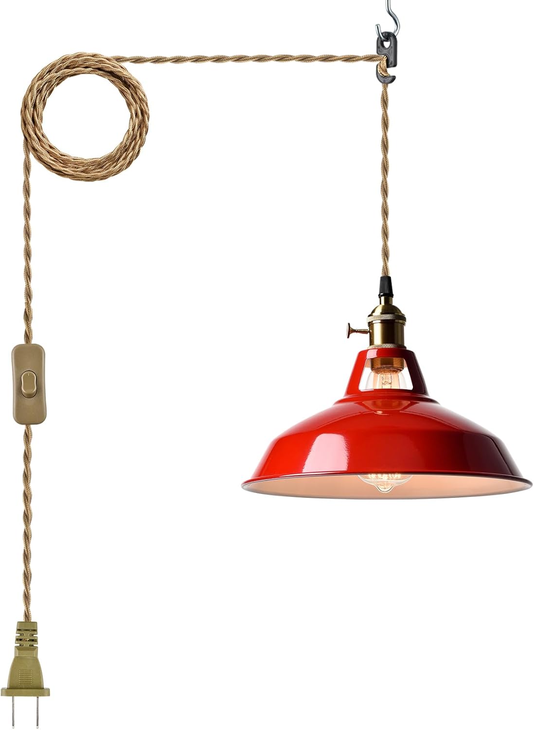 YUBOLE Plug-in Pendant Light Vintage Red Barn Shade Hanging Light Fixture Adjutable Hanging Cord with On-Off Switch Swag Lamp for Kitchen Bar Cafe Bedroom Loft