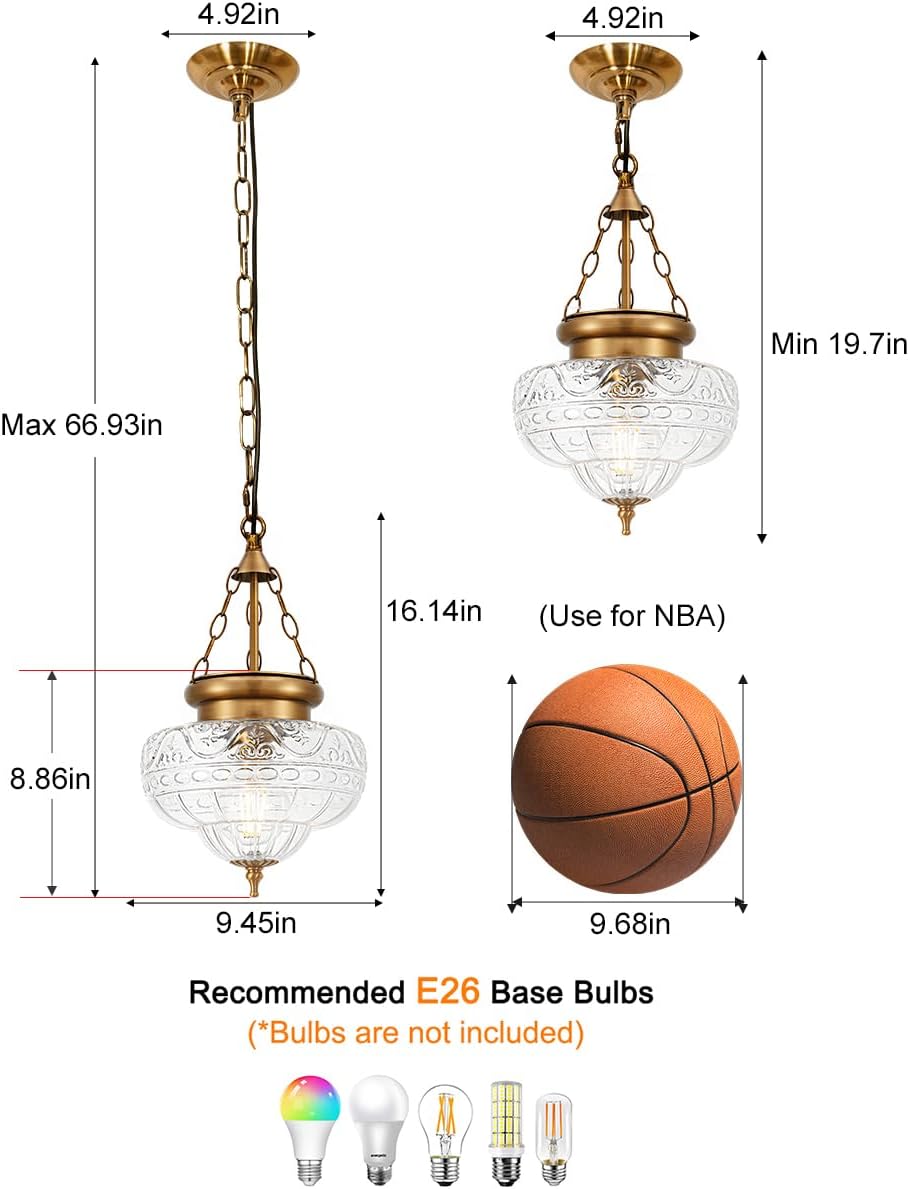 Vintage Pendant Light - Bronze Gold Pendant Lights Kitchen Island with Floral Glass, Brass Penant Lighting Fixtures with Adjustable Hanging Chain for Kitchen, Dining Room, Entryway