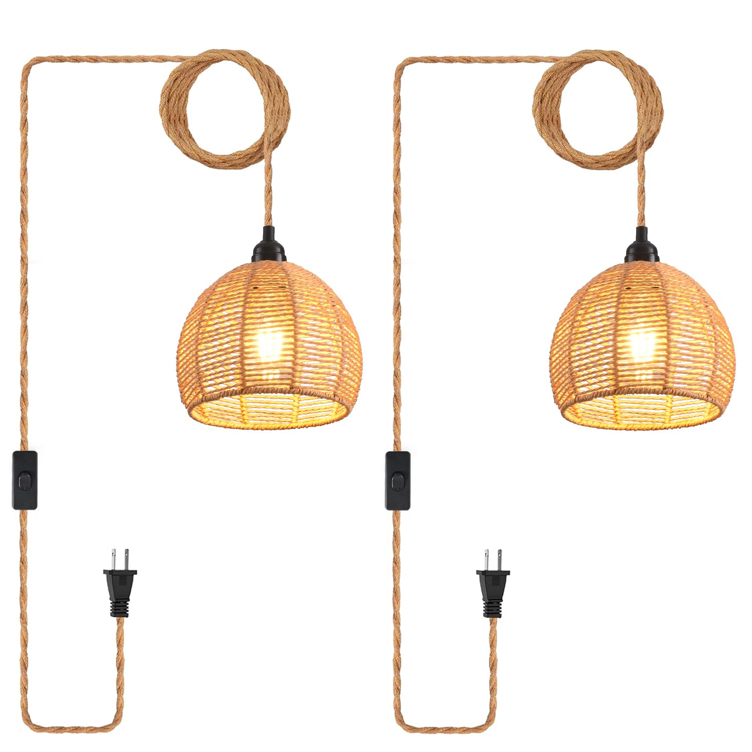 Plug in Pendant Light, Industrial Hanging Light with Plug in Cord Hemp Rope On/Off Switch Farmhouse Pendant Lamp with Plug in Cord, Vintage Hanging Lamps for Dining Room