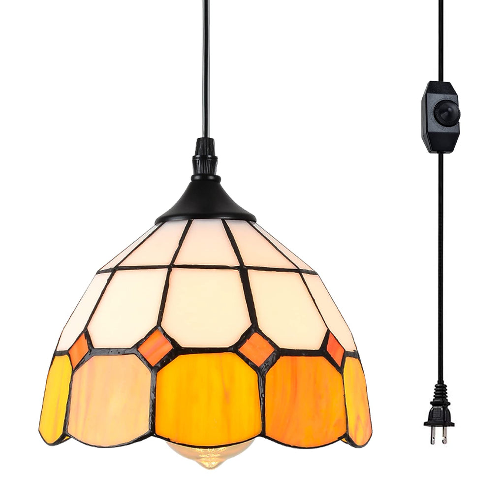 Tiffany Hanging Pendant Light - Dimmable Mini Plug in Light Fixture, Perfect Vintage Swag Ceiling Lamp for Dining Room, Bedroom or Porch,16.4 Ft Hanging Cord, 7.9" Width
