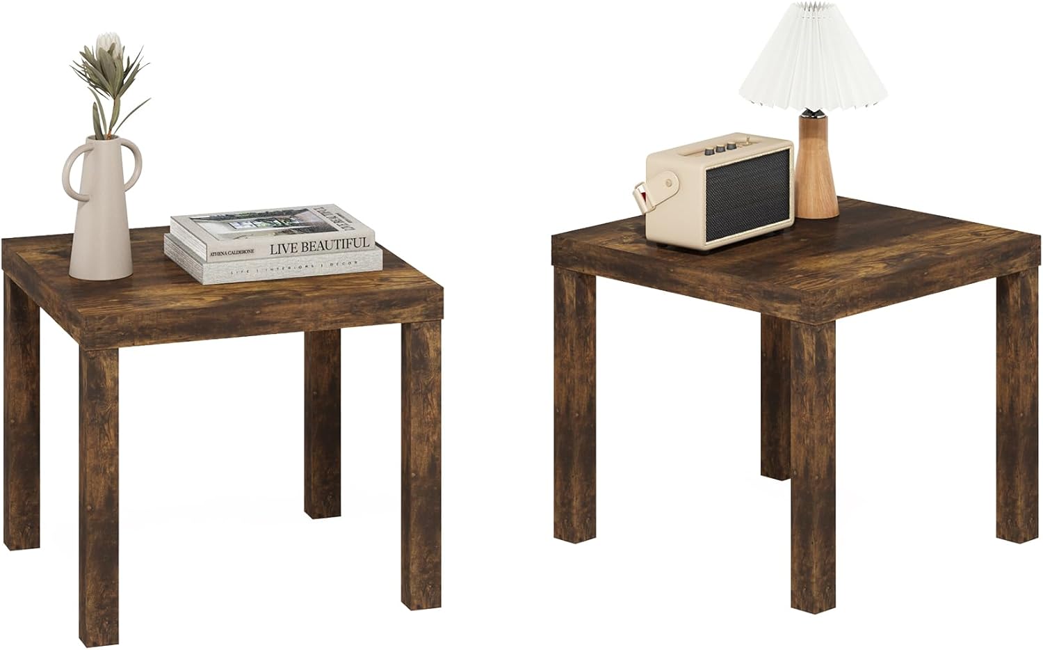 Furinno Classic Side Table Set of 2, Square Modern End Table with 1.8" Triple Thick Tabletop, Simple Night Stand, Bedside Table, Toolless Assembly, for Living Room, Bedroom, Amber Pine
