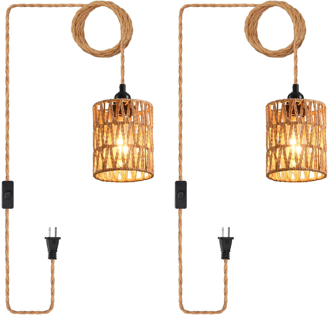 Plug in Pendant Light, Industrial Hanging Light with Plug in Cord Hemp Rope On/Off Switch Farmhouse Pendant Lamp with Plug in Cord, Vintage Hanging Lamps for Dining Room