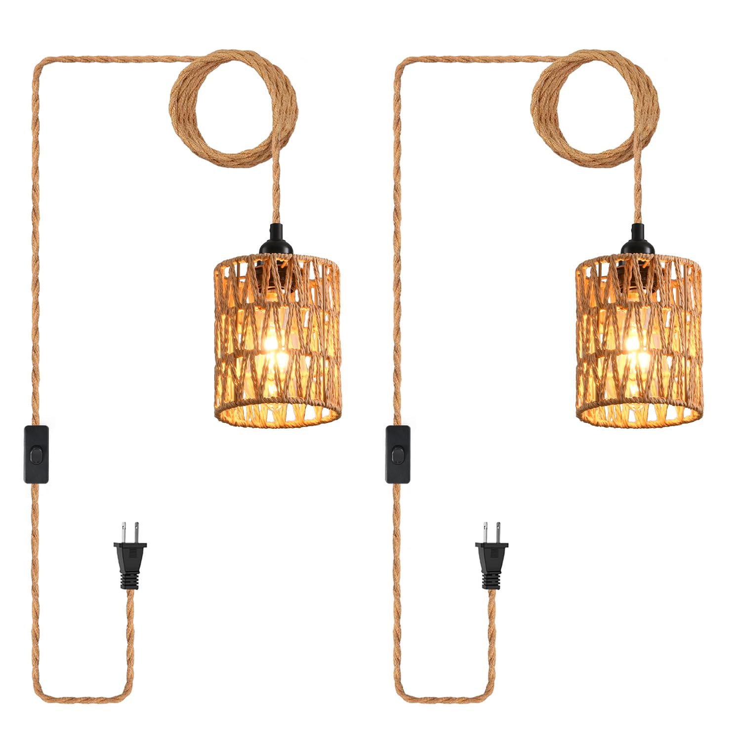 Plug in Pendant Light, Industrial Hanging Light with Plug in Cord Hemp Rope On/Off Switch Farmhouse Pendant Lamp with Plug in Cord, Vintage Hanging Lamps for Dining Room