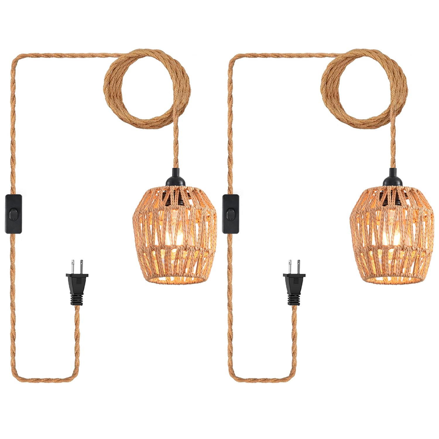 Plug in Pendant Light, Industrial Hanging Light with Plug in Cord Hemp Rope On/Off Switch Farmhouse Pendant Lamp with Plug in Cord, Vintage Hanging Lamps for Dining Room