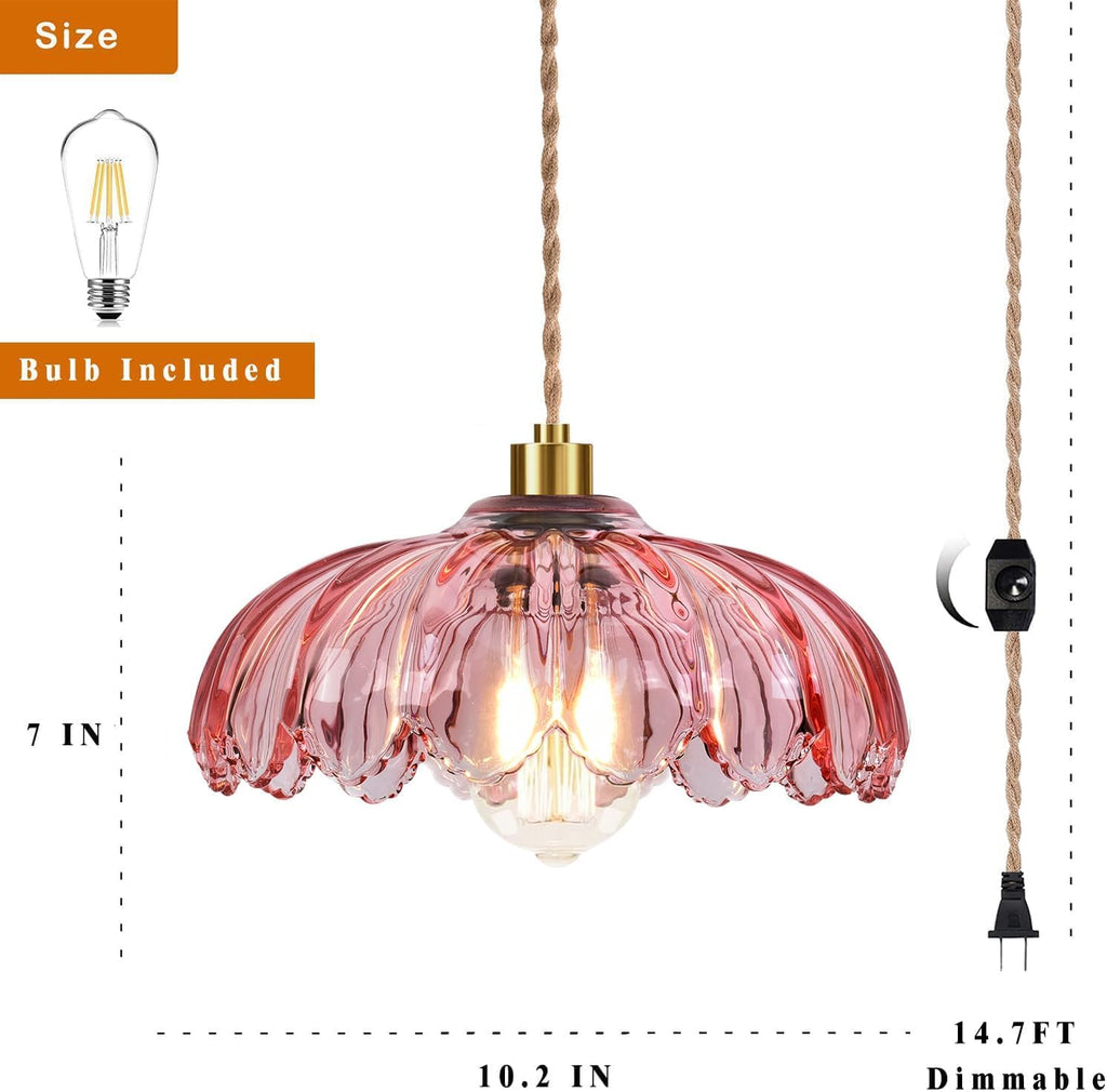 Pink Plug in Pendant Light Glass Hanging Lights with Plug in Cord Boho Hanging Lamp Gold Mid Century Modern Vintage Dimmable Flower Plug in Chandelier Ceiling Fixture for Living Room,Bedroom