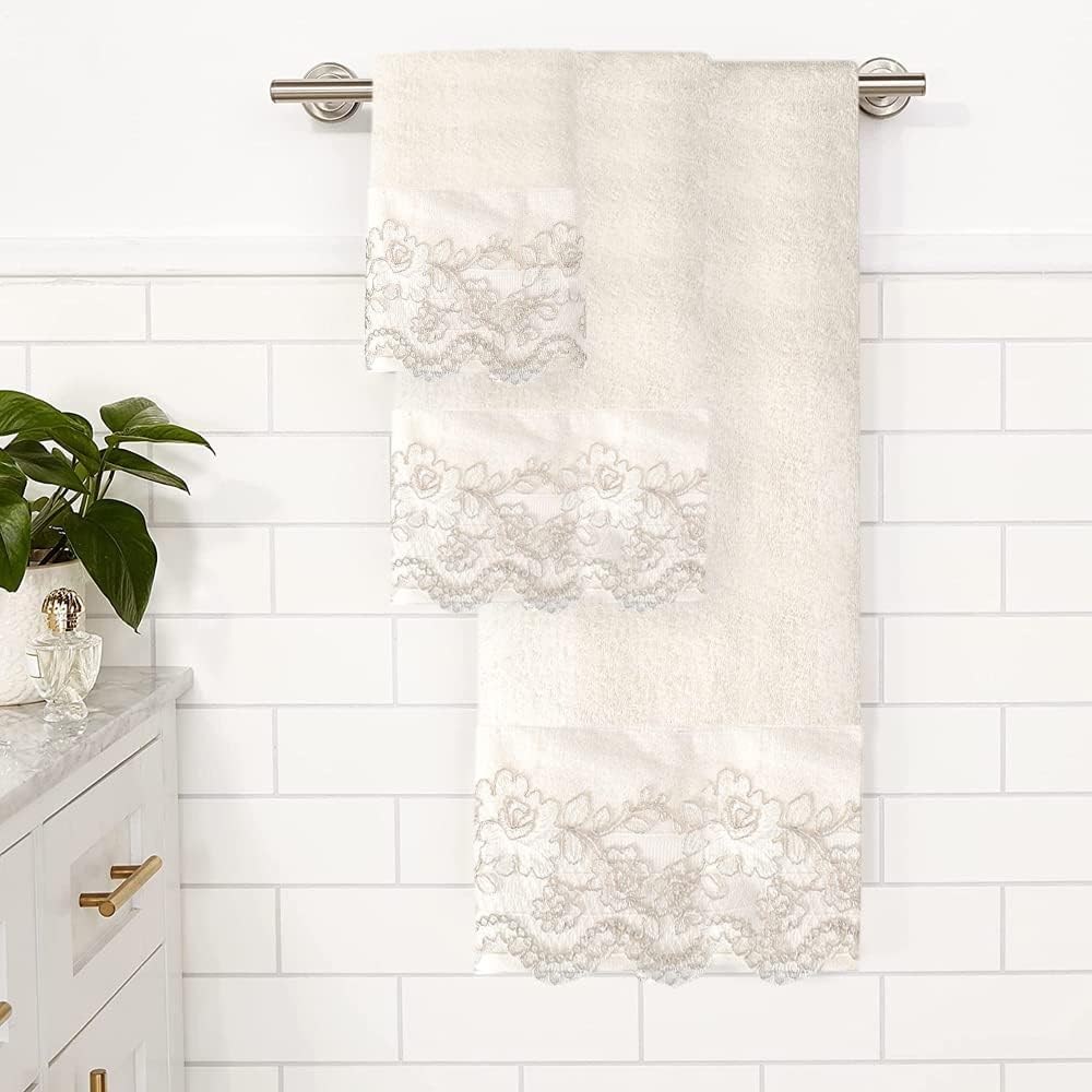 Zahari Home Rose Vine Bathroom Towel Set - 3 Piece Towel Set in Beige - Modern Decor, Unique Design