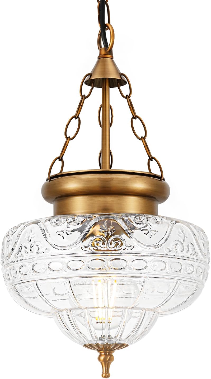 Vintage Pendant Light - Bronze Gold Pendant Lights Kitchen Island with Floral Glass, Brass Penant Lighting Fixtures with Adjustable Hanging Chain for Kitchen, Dining Room, Entryway
