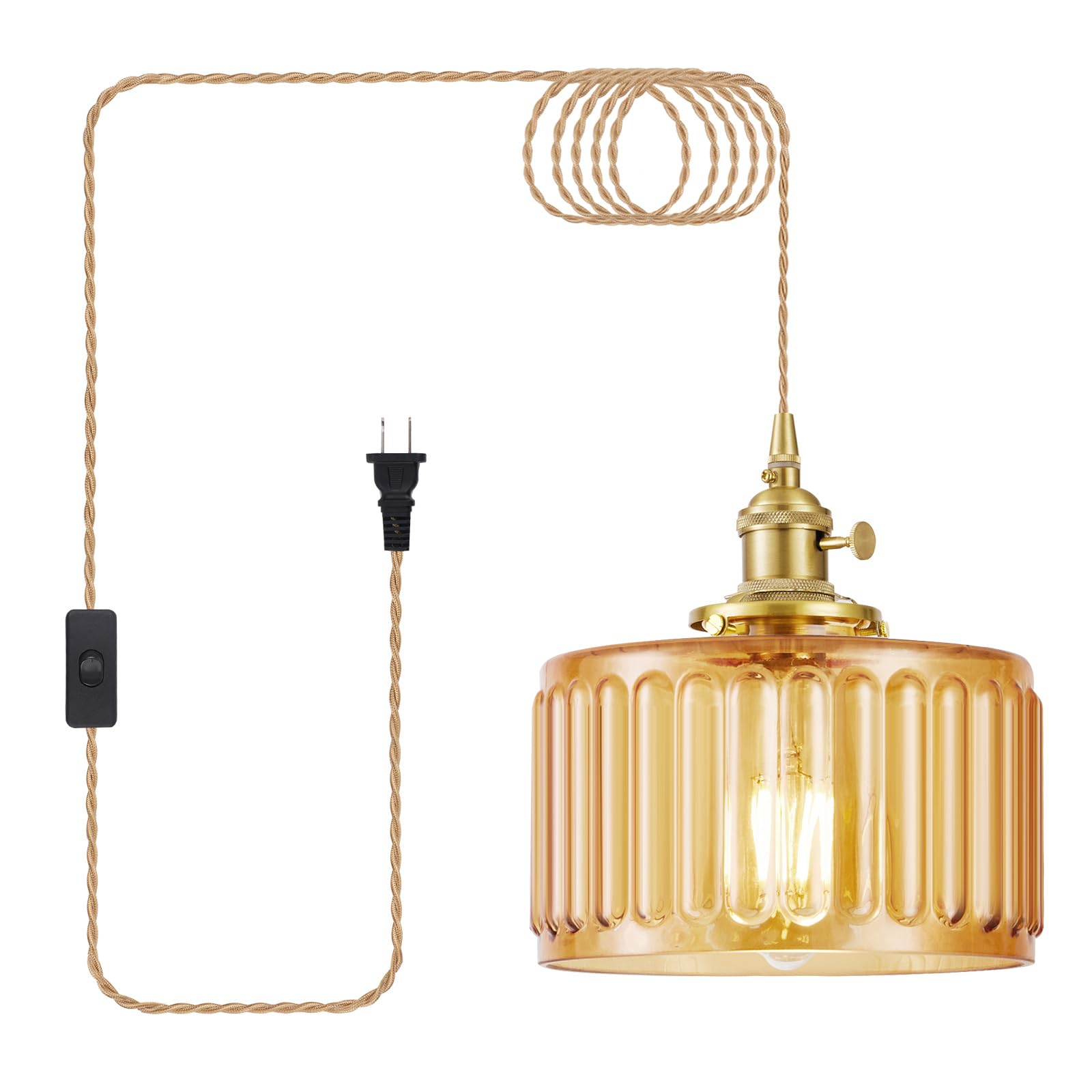 Plug in Pendant Light, Hanging Lights with Plug in Cord, Hanging Light Fixture with Green Glass, E26 Pendant Lighting for Kitchen Island, Bedroom, Dining Room, Living Room