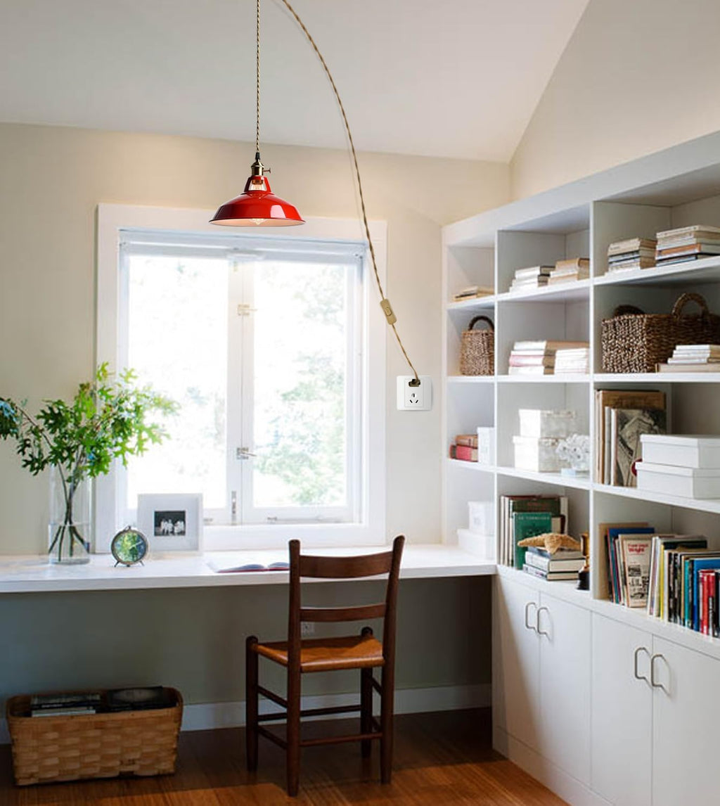 YUBOLE Plug-in Pendant Light Vintage Red Barn Shade Hanging Light Fixture Adjutable Hanging Cord with On-Off Switch Swag Lamp for Kitchen Bar Cafe Bedroom Loft