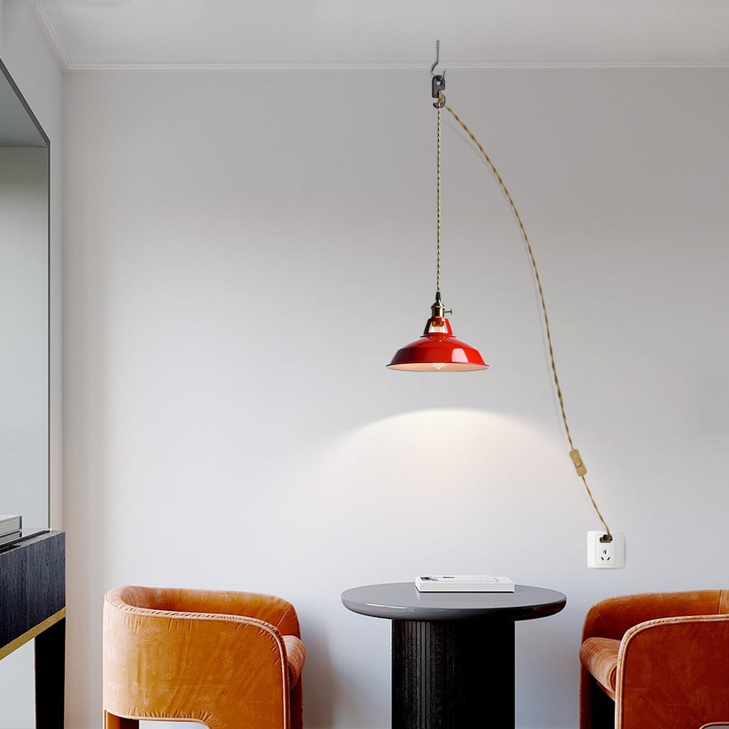 YUBOLE Plug-in Pendant Light Vintage Red Barn Shade Hanging Light Fixture Adjutable Hanging Cord with On-Off Switch Swag Lamp for Kitchen Bar Cafe Bedroom Loft