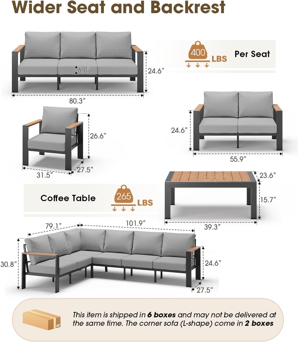 Aluminum Outdoor Patio Furniture Set 6 Seats, Outdoor Sectional Corner Sofa with Thick Waterproof Cushions & Coffee Table, Patio Conversation Sets for Backyard, Porch, Balcony, Deck, Gray