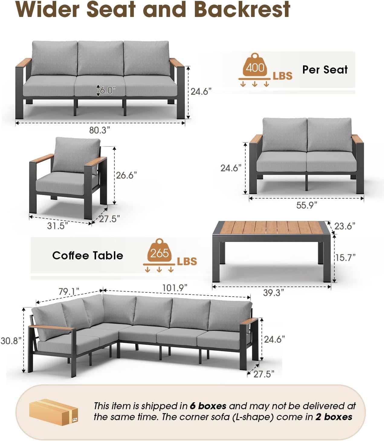 Aluminum Outdoor Patio Furniture Set 6 Seats, Outdoor Sectional Corner Sofa with Thick Waterproof Cushions & Coffee Table, Patio Conversation Sets for Backyard, Porch, Balcony, Deck, Gray