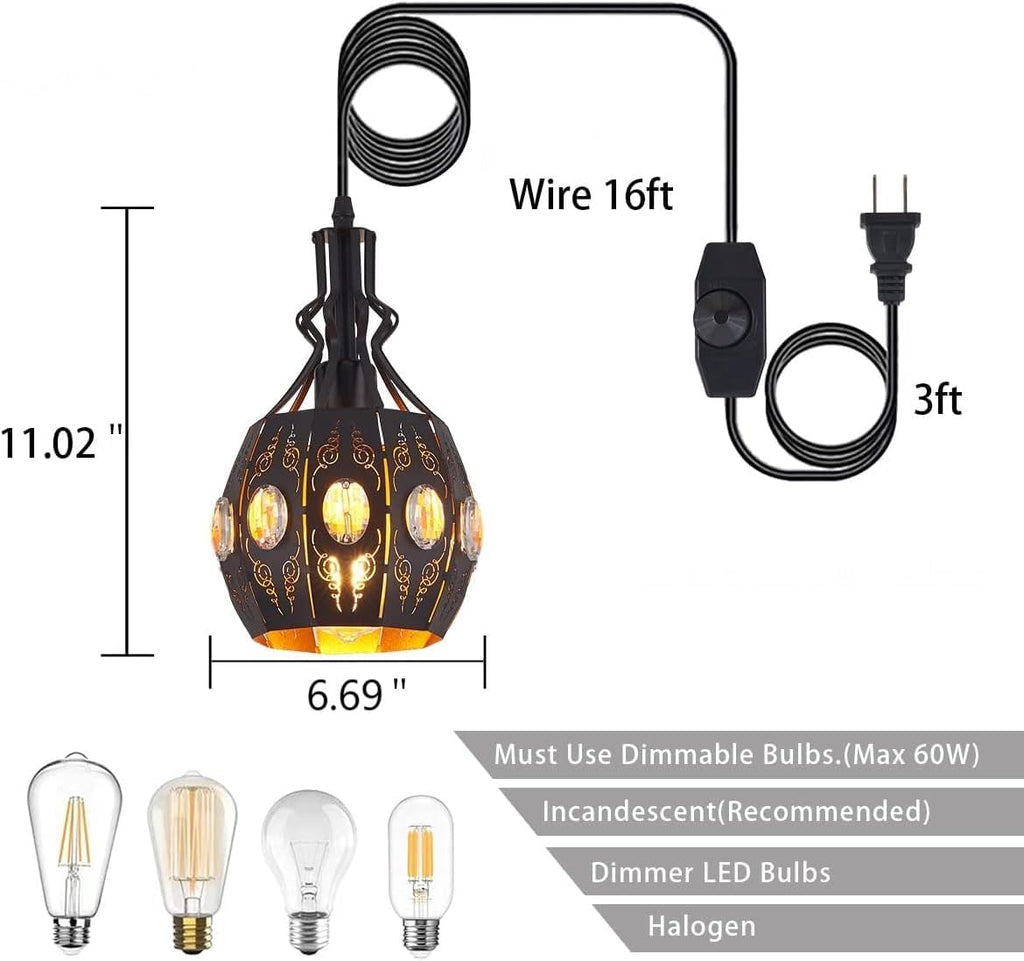 YLONG-ZS Hanging Lamp Swag Lights Plug in Pendant Light,Hanging Lights with Plug in Cord Small Black Vintage Rustic Dimmable Hanging Ceiling Lamp for Corner Restaurant Living Room Bedroom