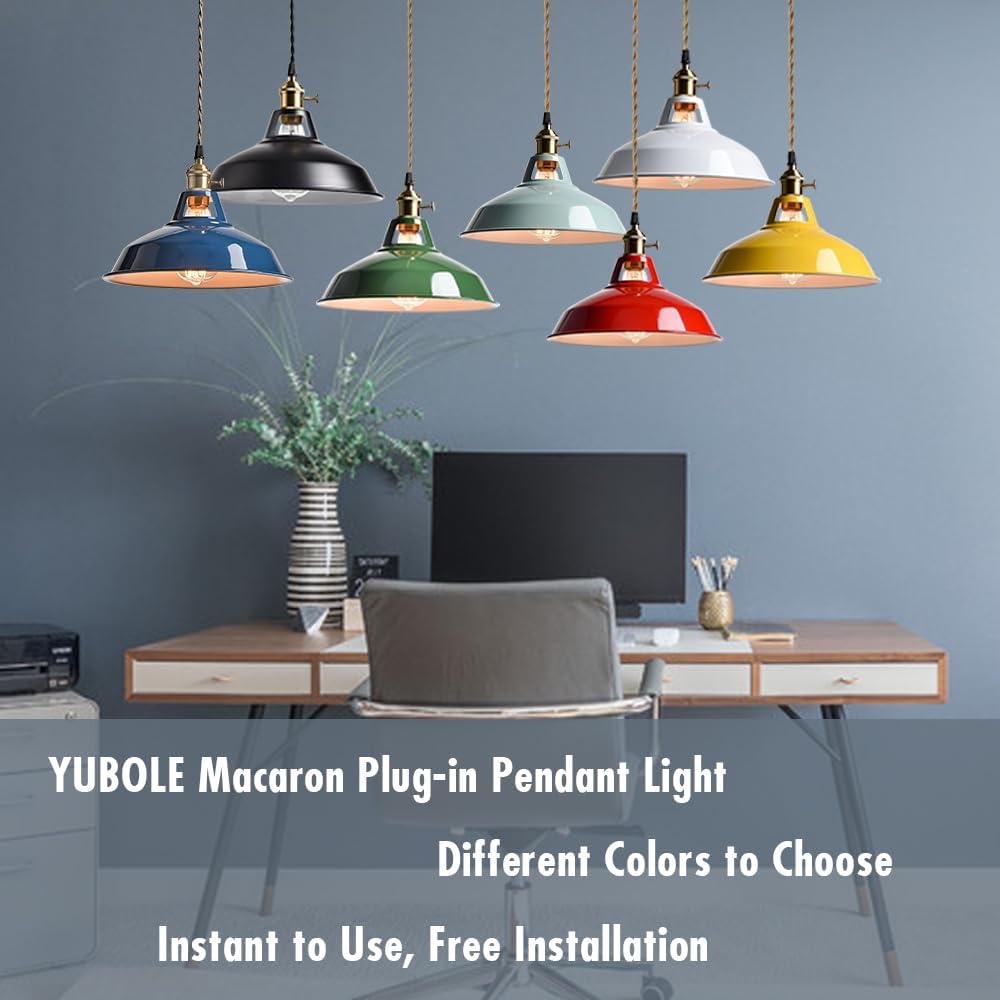 YUBOLE Plug-in Pendant Light Vintage Red Barn Shade Hanging Light Fixture Adjutable Hanging Cord with On-Off Switch Swag Lamp for Kitchen Bar Cafe Bedroom Loft