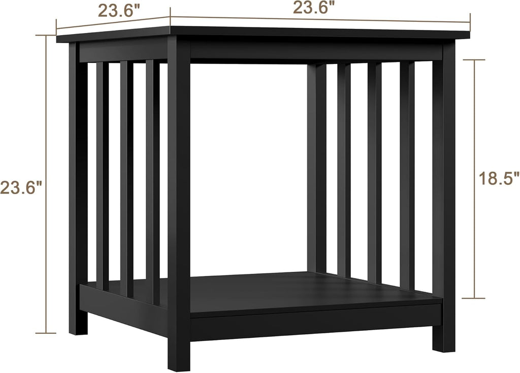 Treocho End Tables Living Room Set of 2, 24 Inch Square Side Table with 2-Tier Storage Shelf, Modern Nightstand for Living Room, Bedroom, Office, Black