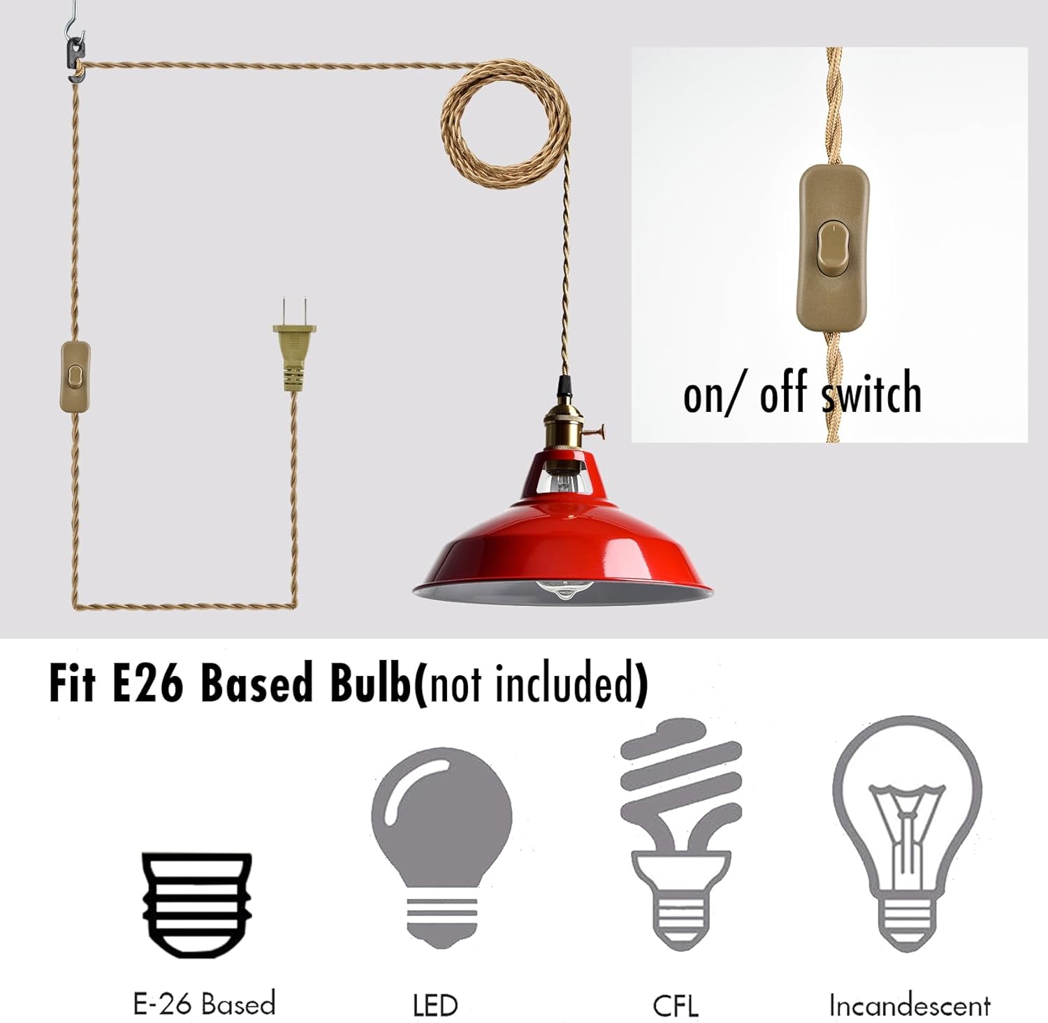 YUBOLE Plug-in Pendant Light Vintage Red Barn Shade Hanging Light Fixture Adjutable Hanging Cord with On-Off Switch Swag Lamp for Kitchen Bar Cafe Bedroom Loft