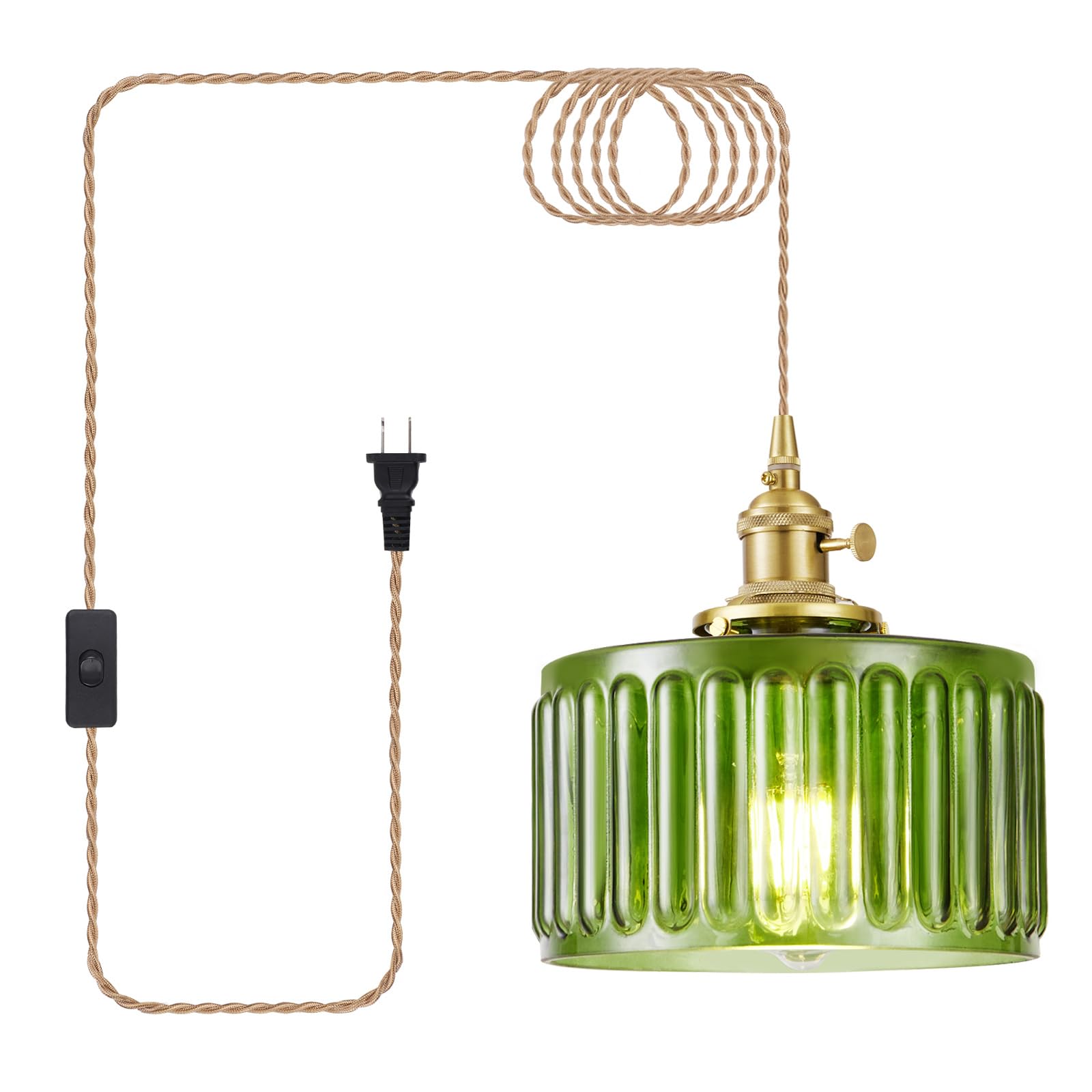 Plug in Pendant Light, Hanging Lights with Plug in Cord, Hanging Light Fixture with Green Glass, E26 Pendant Lighting for Kitchen Island, Bedroom, Dining Room, Living Room