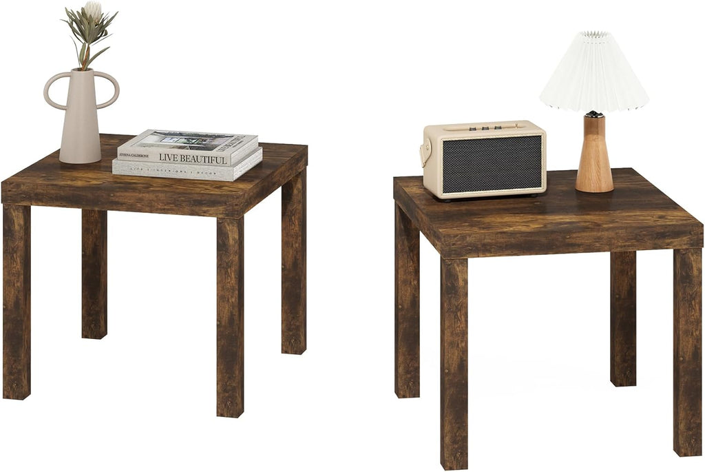 Furinno Classic Side Table Set of 2, Square Modern End Table with 1.8" Triple Thick Tabletop, Simple Night Stand, Bedside Table, Toolless Assembly, for Living Room, Bedroom, Amber Pine