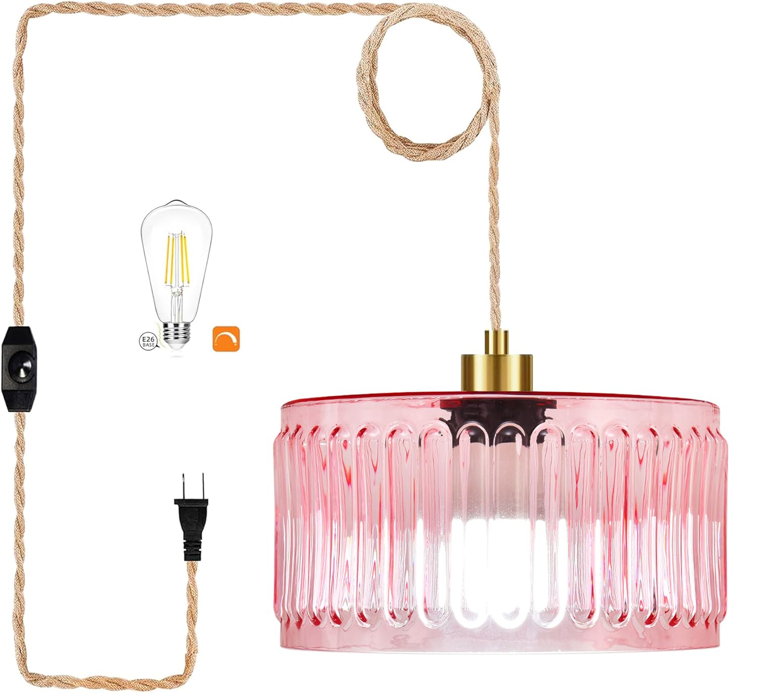 Pink Plug in Pendant Light Glass Hanging Lights with Plug in Cord Boho Hanging Lamp Gold Mid Century Modern Vintage Dimmable Flower Plug in Chandelier Ceiling Fixture for Living Room,Bedroom