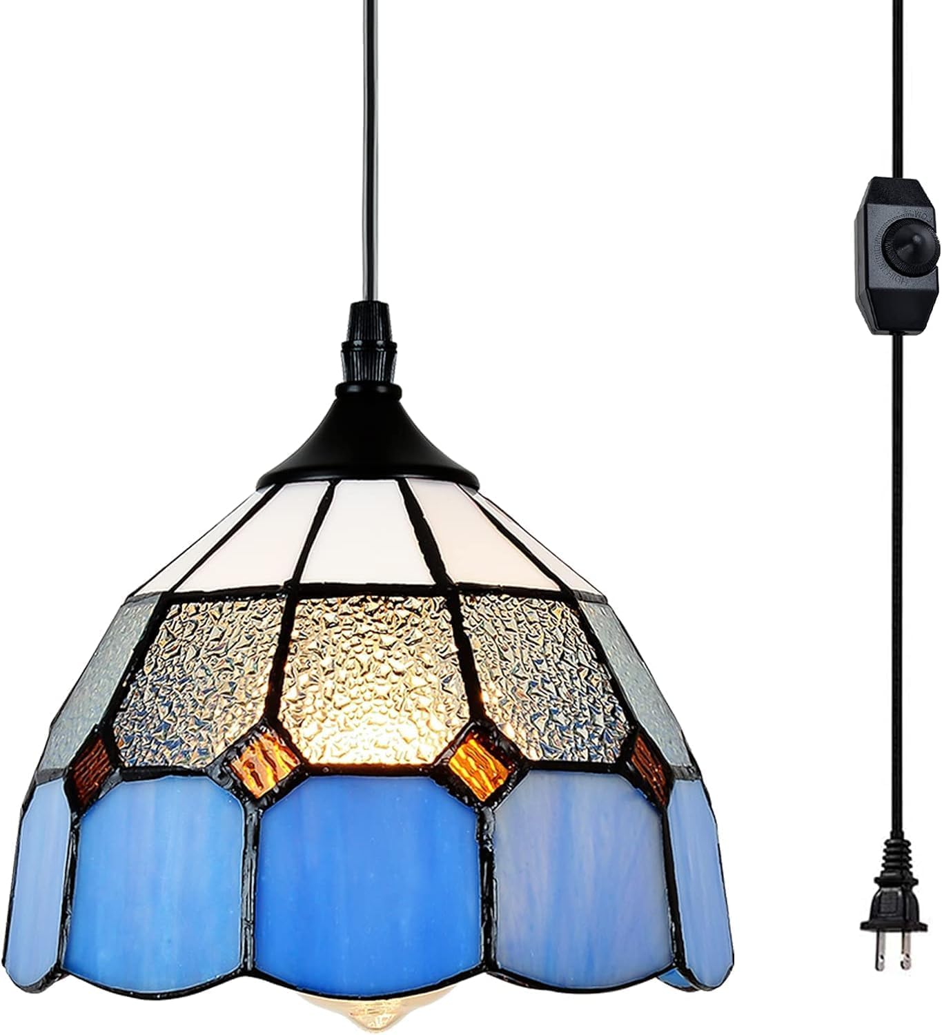 Tiffany Hanging Pendant Light - Dimmable Mini Plug in Light Fixture, Perfect Vintage Swag Ceiling Lamp for Dining Room, Bedroom or Porch,16.4 Ft Hanging Cord, 7.9" Width