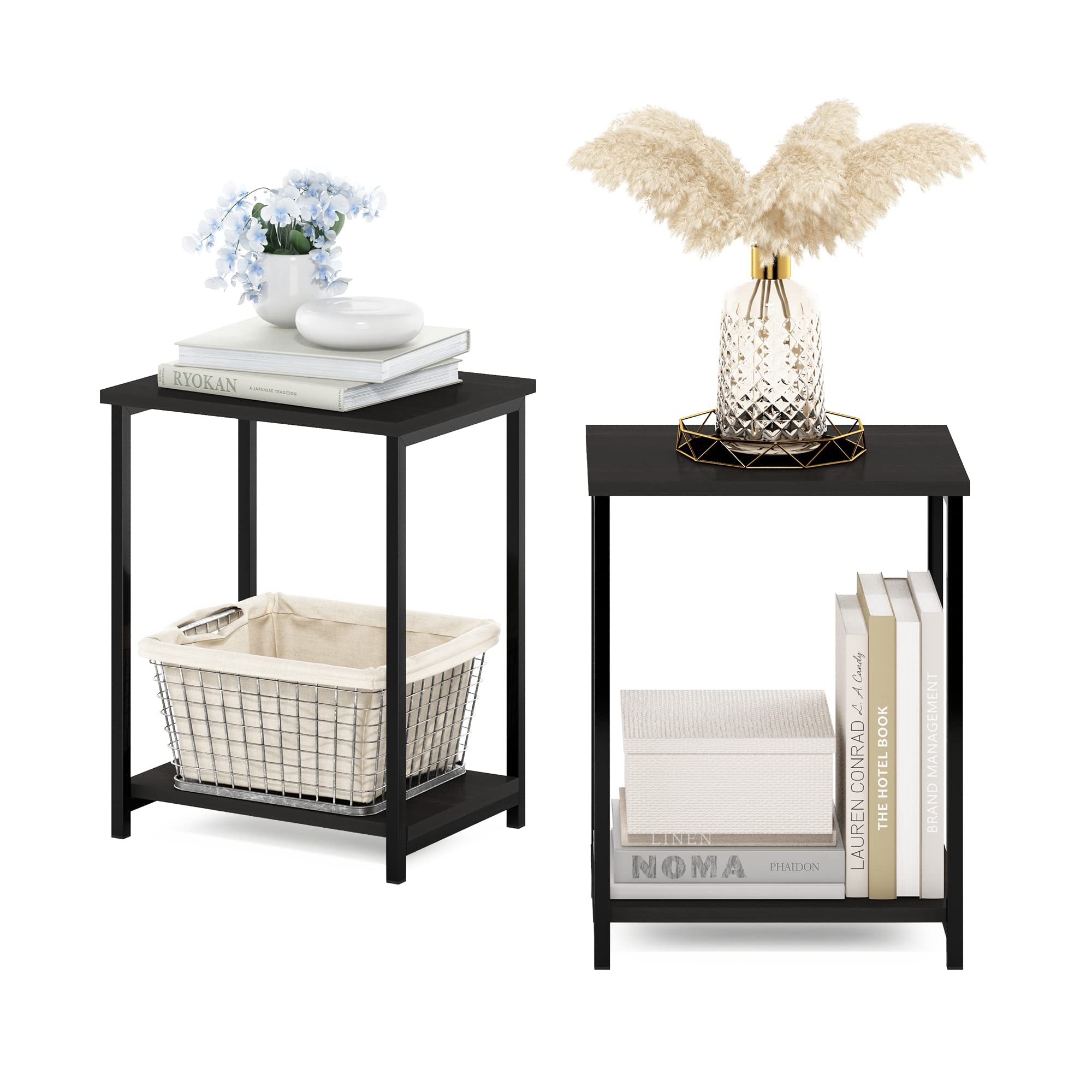 Furinno SIMPLISTIC Side Table Set of 2, 2-Tier Square Modern End Table, Nightstand, Night Stand, Bedside Table, Toolless Assembly, for Living Room, Bedroom, Espresso