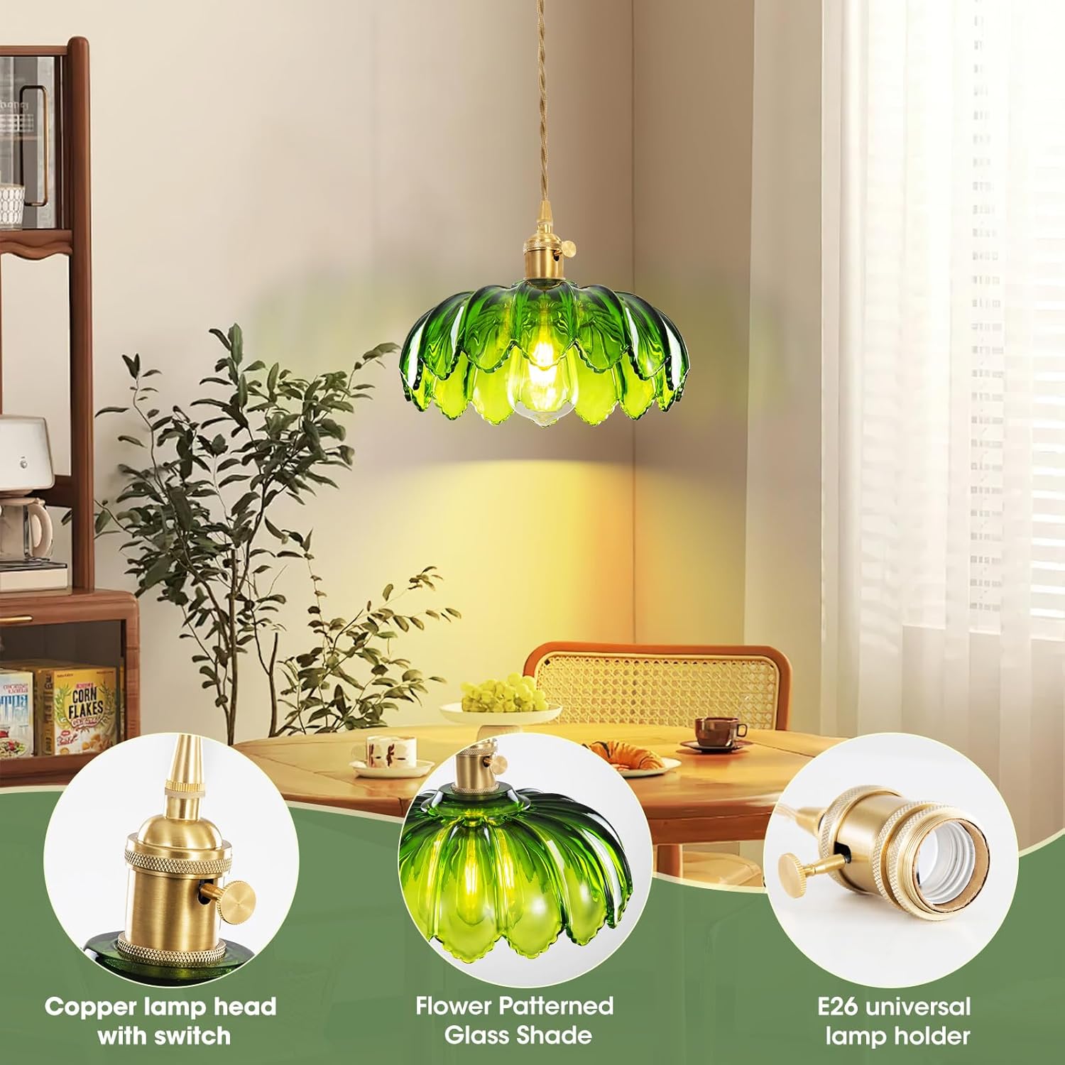 Plug in Pendant Light, Hanging Lights with Plug in Cord, Hanging Light Fixture with Green Glass, E26 Pendant Lighting for Kitchen Island, Bedroom, Dining Room, Living Room