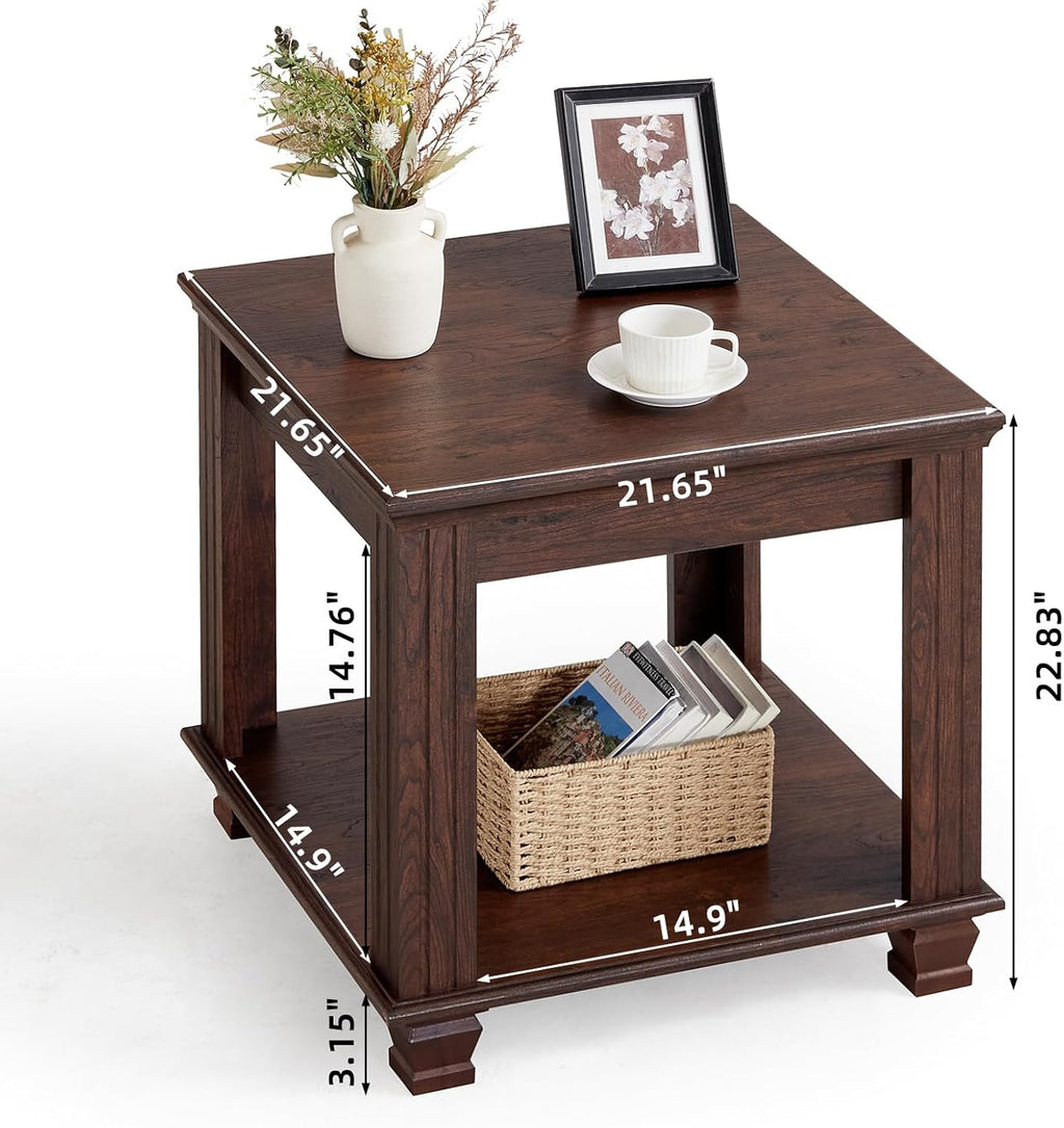 Farmhouse End Table Set of 2,Large Side Table with 2-Tier Storage Shelf,Rustic Brown End Tables for Living Room,Square Tea Table,Walnut