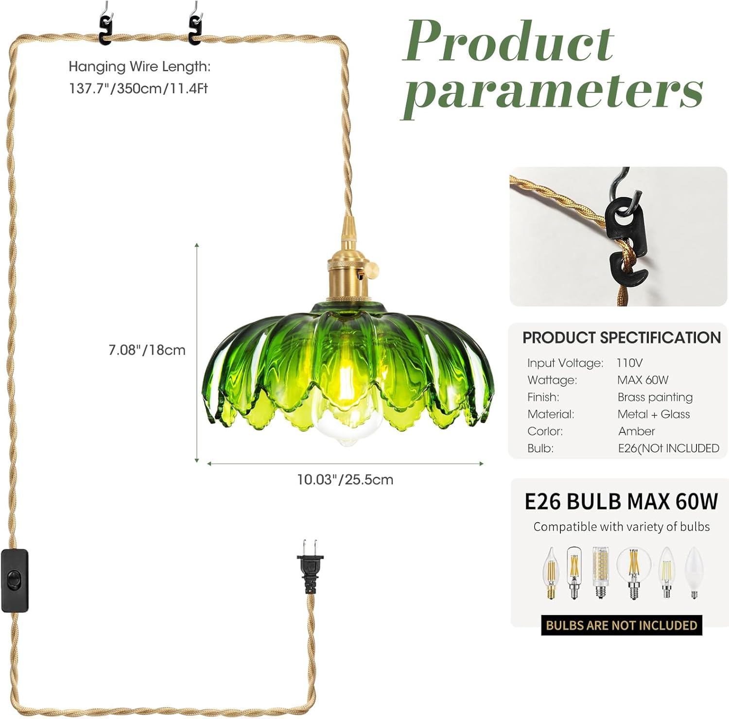 Plug in Pendant Light, Hanging Lights with Plug in Cord, Hanging Light Fixture with Green Glass, E26 Pendant Lighting for Kitchen Island, Bedroom, Dining Room, Living Room