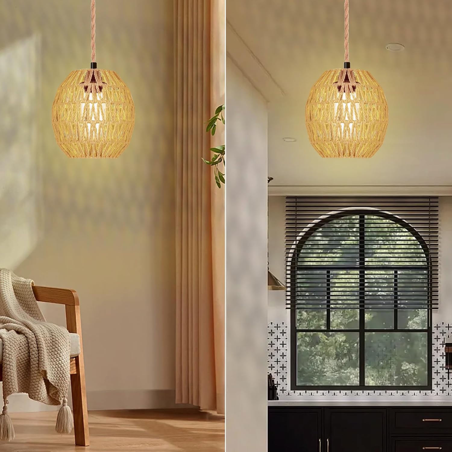 Hanging Lamps Rattan Pendant Light Hanging Lights 16.4ft Plug in Cord Pendant Light Fixture Plug Into Wall Outlet Pendant Lighting with On Off Switch for Bedroom Living (Egg Shade)