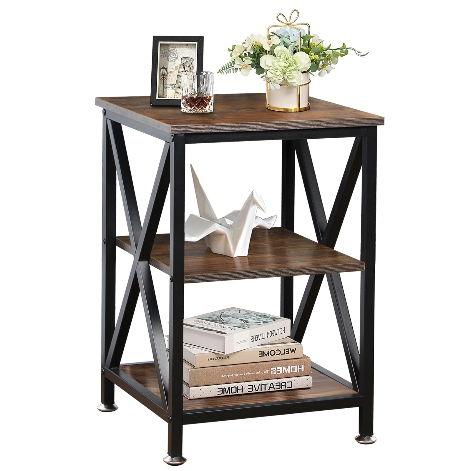 End Tables Living Room Set of 2, 16" D x 16" W x 24" H, Indoor End Tables Living Room with Storage Shelf, Square End Table Set of 2, X-Shaped Night Stands for Bedroom, Farmhouse Wood Side Tables