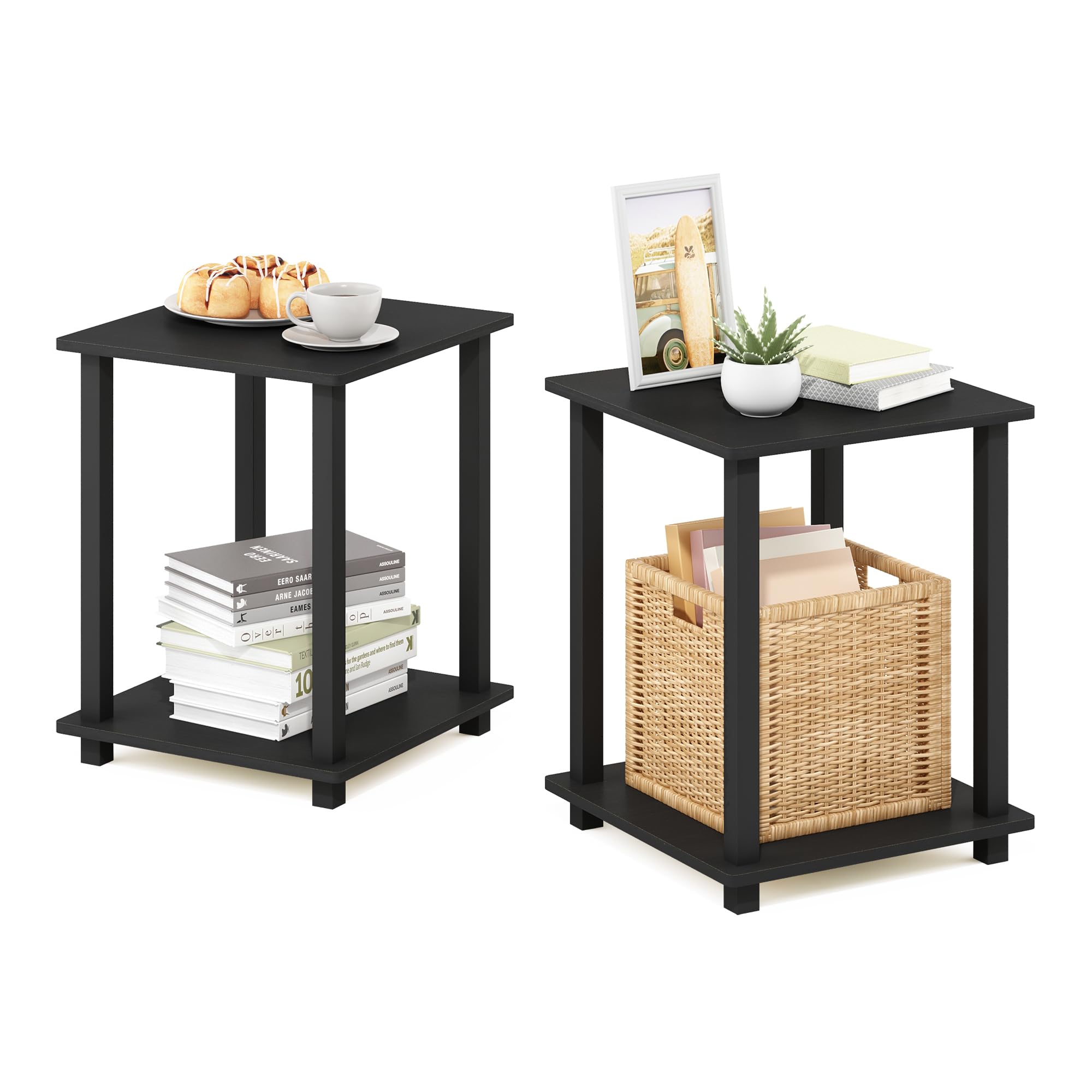 Furinno SIMPLISTIC Side Table Set of 2, 2-Tier Square Modern End Table, Nightstand, Night Stand, Bedside Table, Toolless Assembly, for Living Room, Bedroom, Espresso