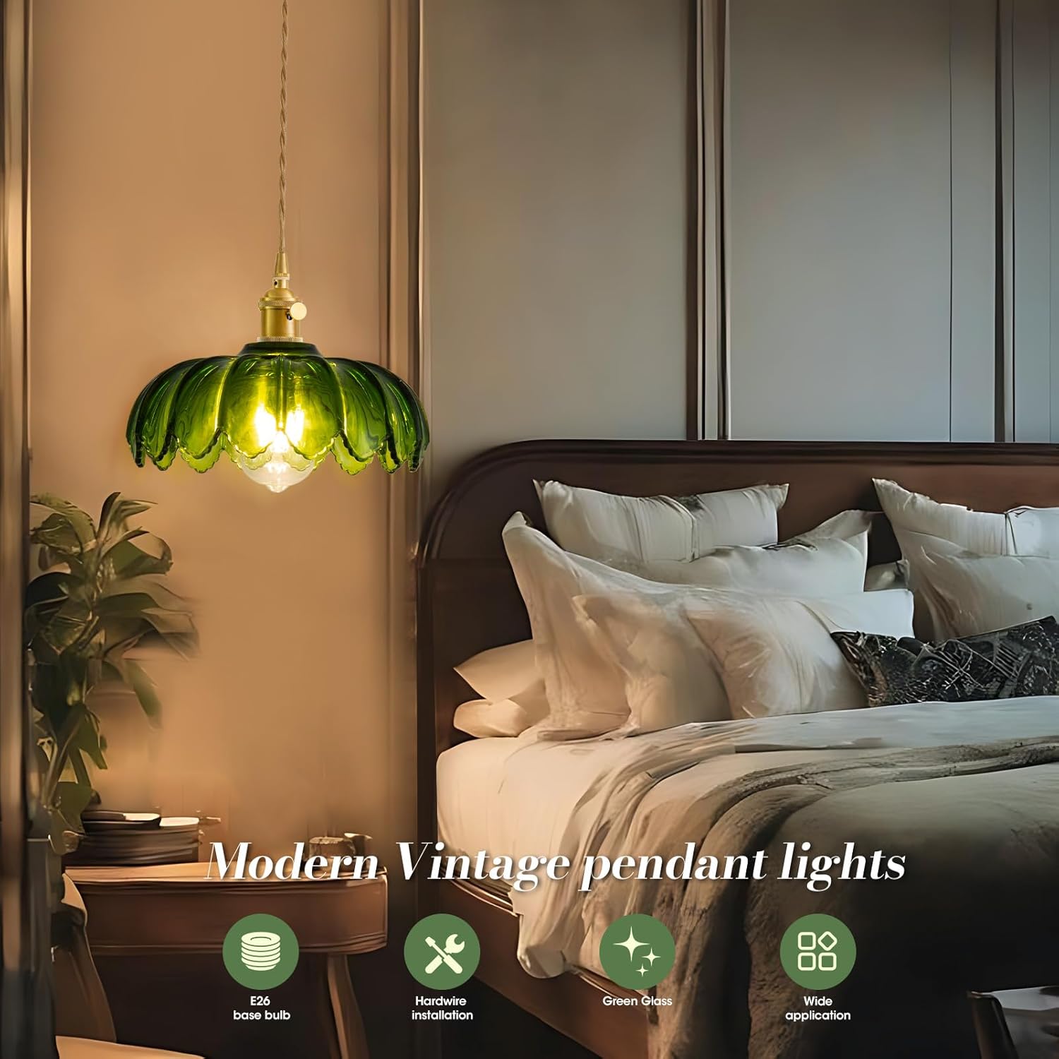 Plug in Pendant Light, Hanging Lights with Plug in Cord, Hanging Light Fixture with Green Glass, E26 Pendant Lighting for Kitchen Island, Bedroom, Dining Room, Living Room