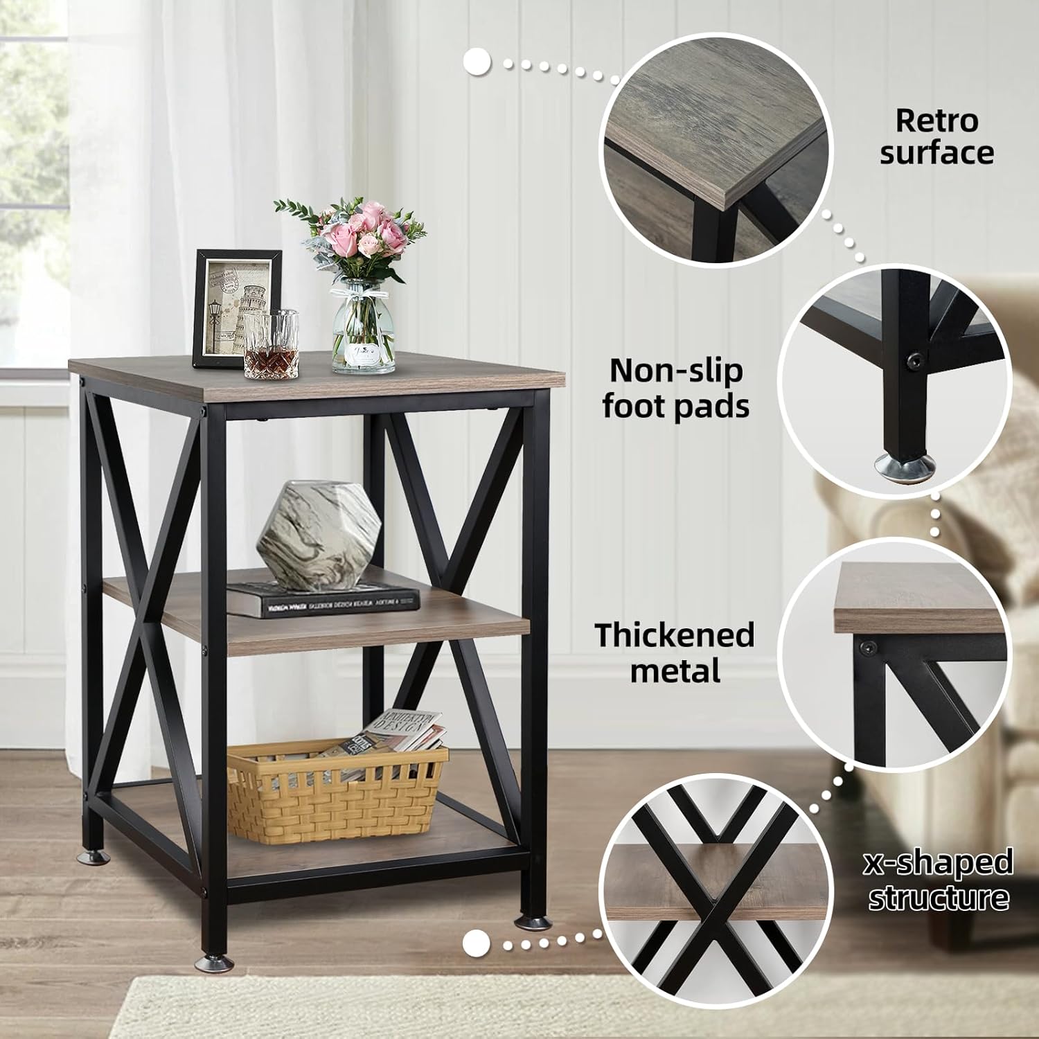 End Tables Living Room Set of 2, 16" D x 16" W x 24" H, Indoor End Tables Living Room with Storage Shelf, Square End Table Set of 2, X-Shaped Night Stands for Bedroom, Farmhouse Wood Side Tables