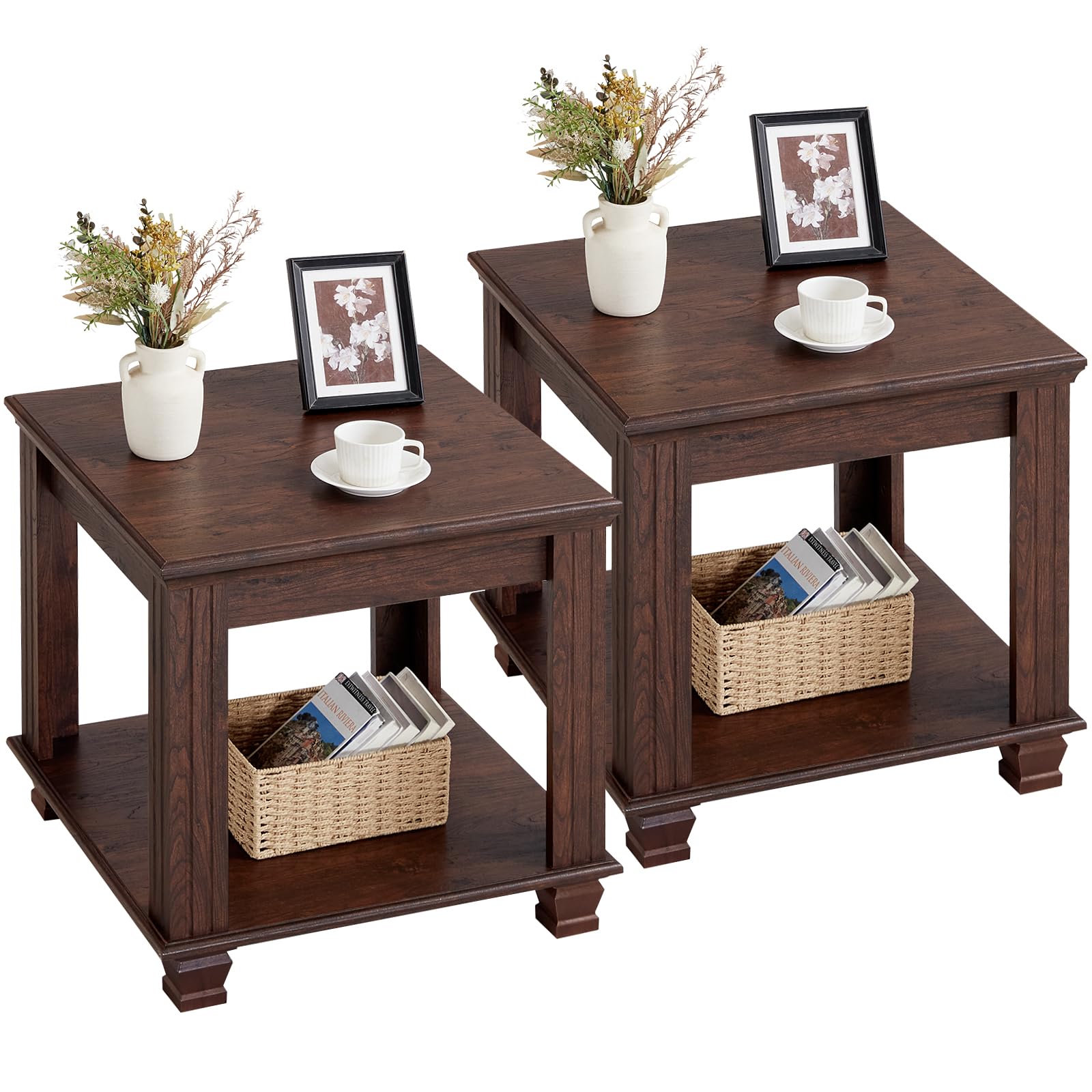 Farmhouse End Table Set of 2,Large Side Table with 2-Tier Storage Shelf,Rustic Brown End Tables for Living Room,Square Tea Table,Walnut