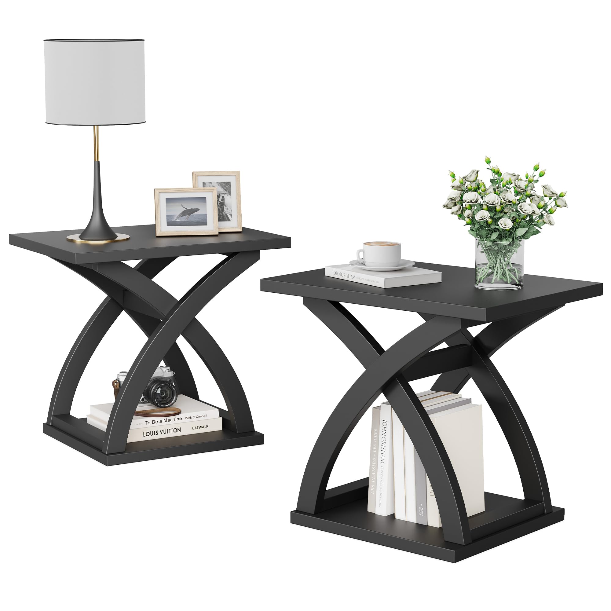 ChooChoo End Side Table Set of 2, Modern End Table with Storage Shelf, X-Design Side Table Living Room