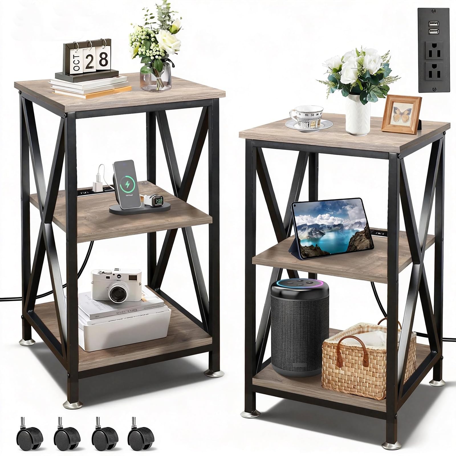 End Tables Living Room Set of 2, 16" D x 16" W x 24" H, Indoor End Tables Living Room with Storage Shelf, Square End Table Set of 2, X-Shaped Night Stands for Bedroom, Farmhouse Wood Side Tables