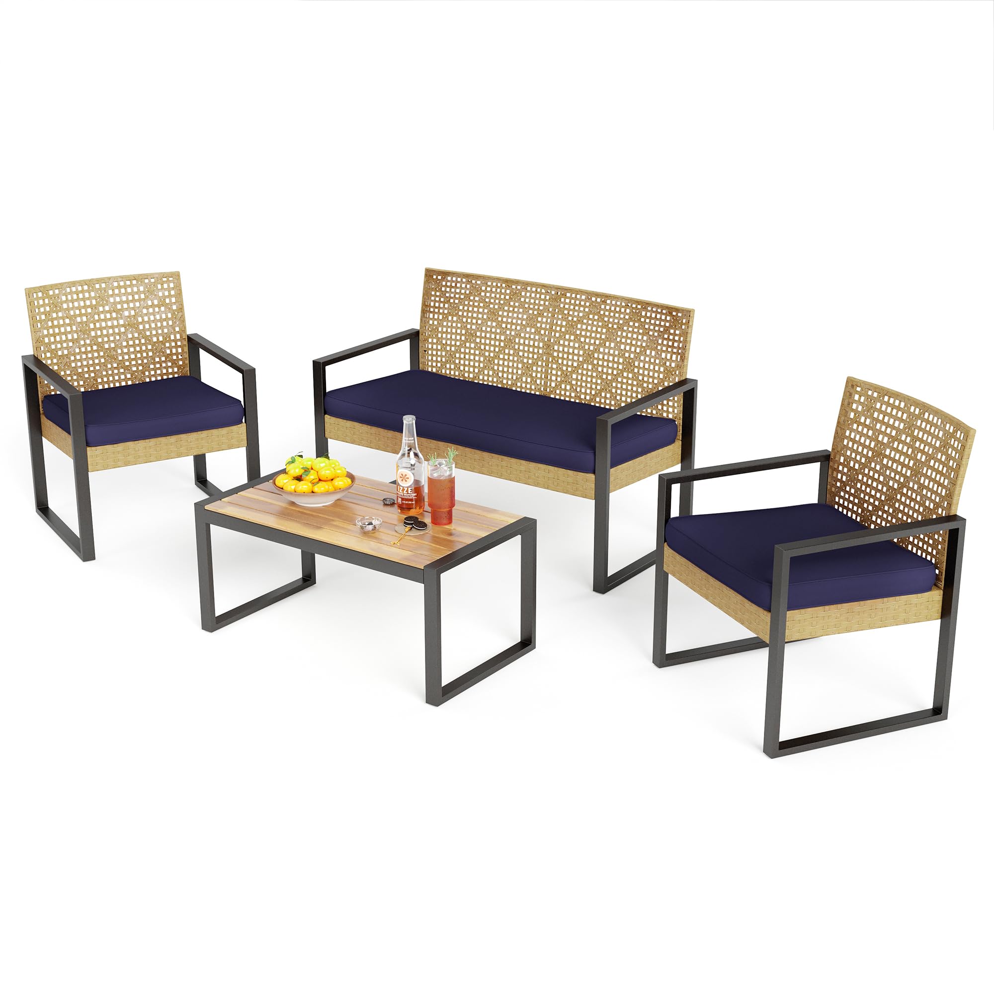 PHI VILLA Patio Wicker Furniture Set for 4, Brown Rattan Loveseat & Chairs with Beige Cushions & Acacia Wood Coffee Table, Outdoor Conversation Sofa Set for Deck, Yard, Porch (Round Hole Back)