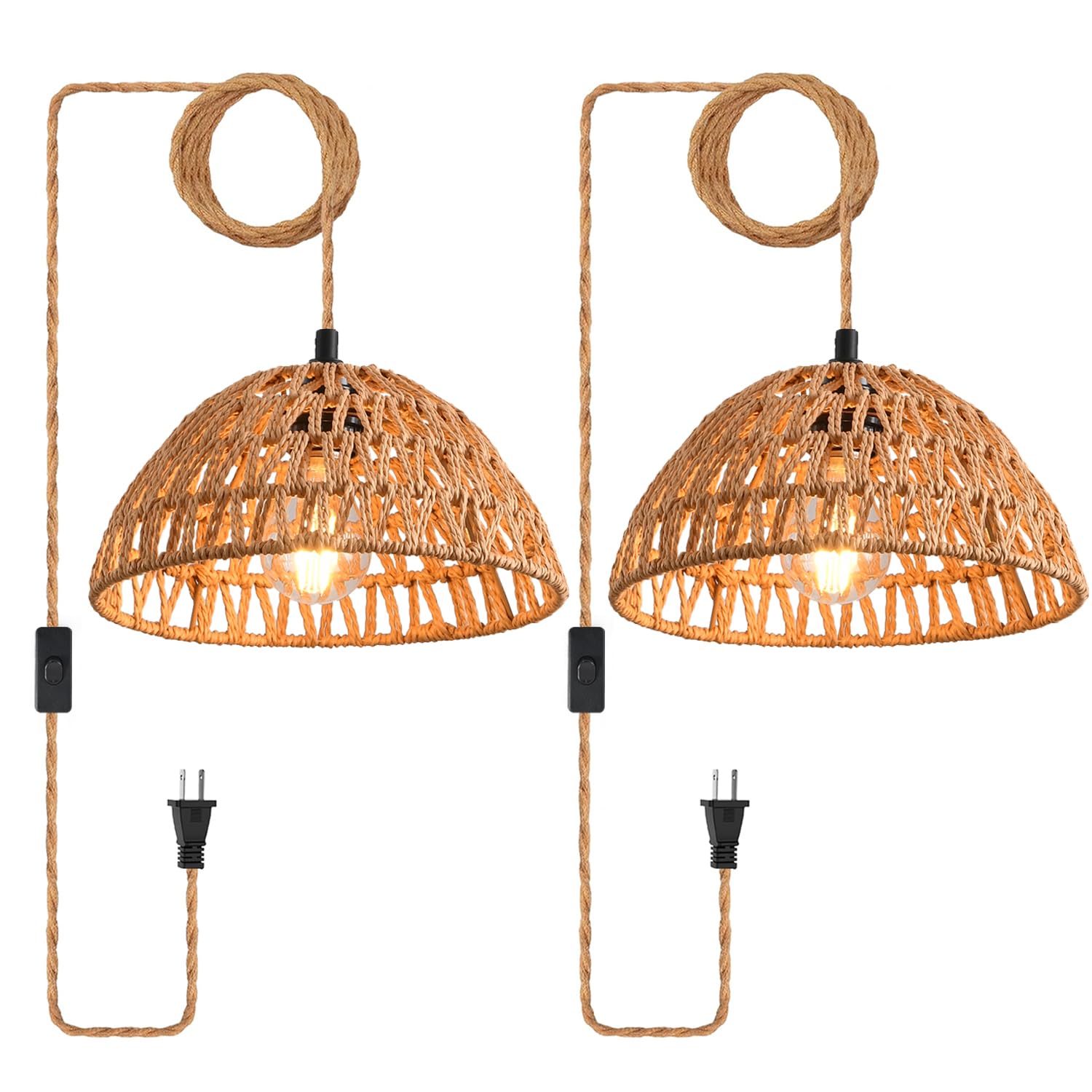 Plug in Pendant Light, Industrial Hanging Light with Plug in Cord Hemp Rope On/Off Switch Farmhouse Pendant Lamp with Plug in Cord, Vintage Hanging Lamps for Dining Room