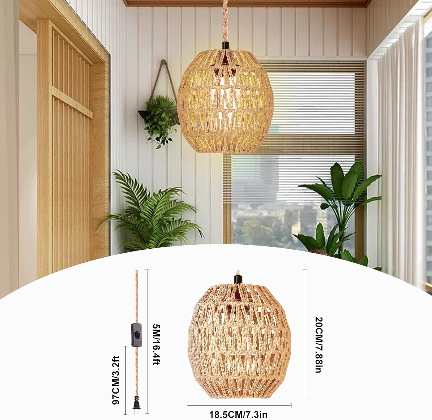 Hanging Lamps Rattan Pendant Light Hanging Lights 16.4ft Plug in Cord Pendant Light Fixture Plug Into Wall Outlet Pendant Lighting with On Off Switch for Bedroom Living (Egg Shade)