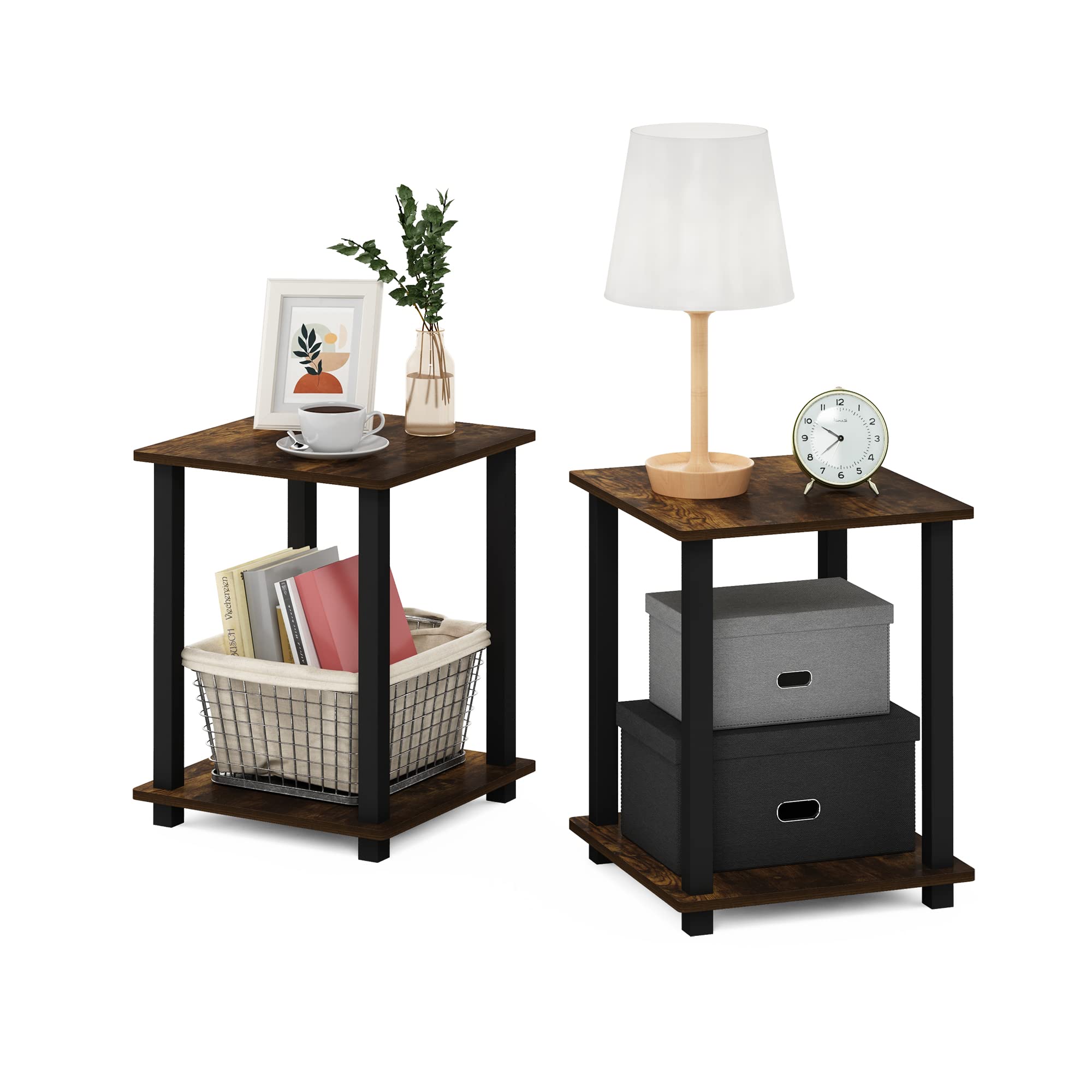 Furinno SIMPLISTIC Side Table Set of 2, 2-Tier Square Modern End Table, Nightstand, Night Stand, Bedside Table, Toolless Assembly, for Living Room, Bedroom, Espresso