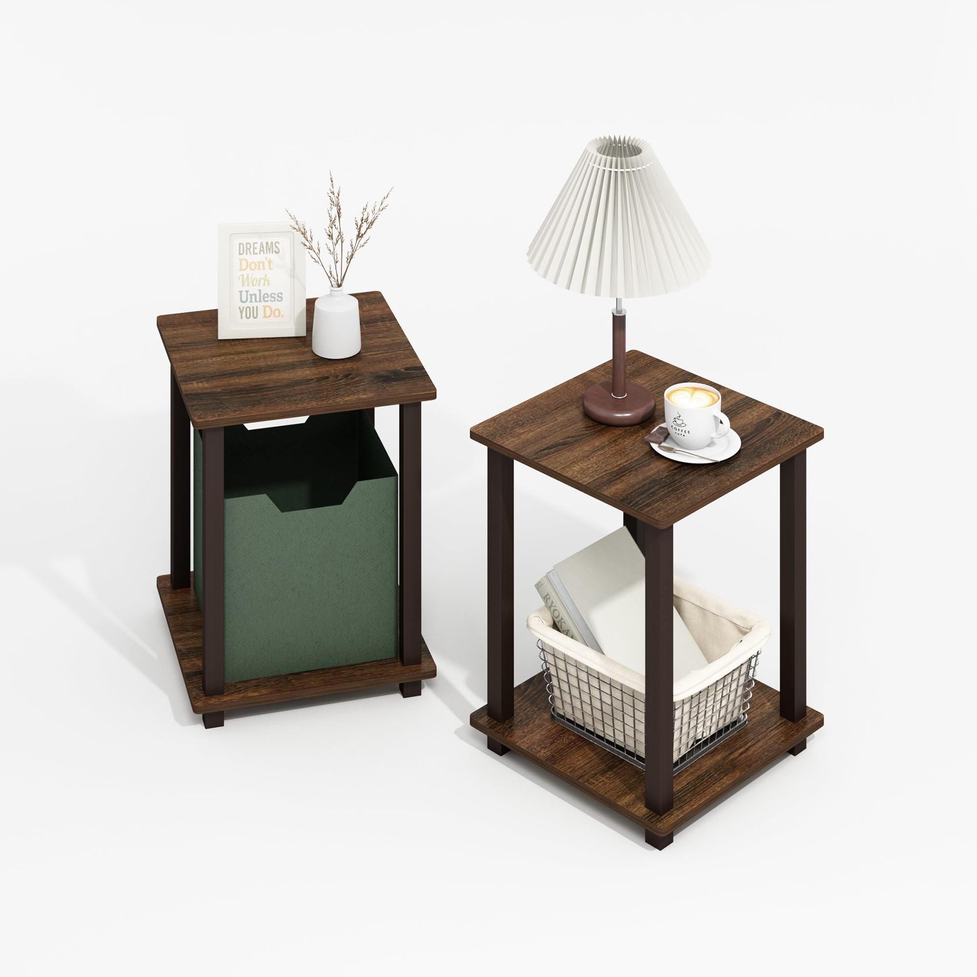 Furinno SIMPLISTIC Side Table Set of 2, 2-Tier Square Modern End Table, Nightstand, Night Stand, Bedside Table, Toolless Assembly, for Living Room, Bedroom, Espresso