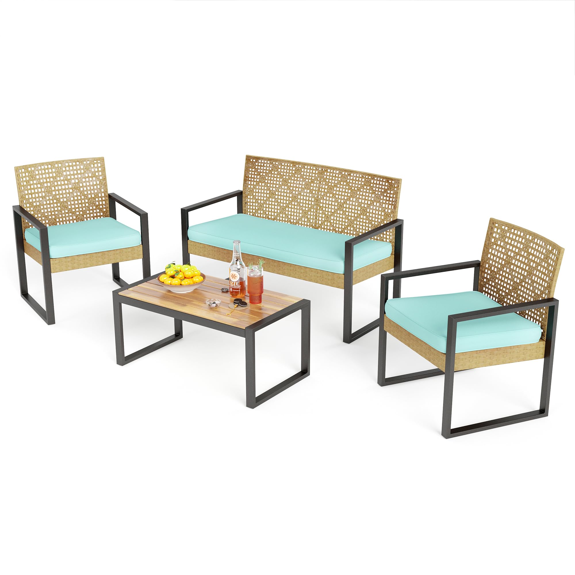 PHI VILLA Patio Wicker Furniture Set for 4, Brown Rattan Loveseat & Chairs with Beige Cushions & Acacia Wood Coffee Table, Outdoor Conversation Sofa Set for Deck, Yard, Porch (Round Hole Back)