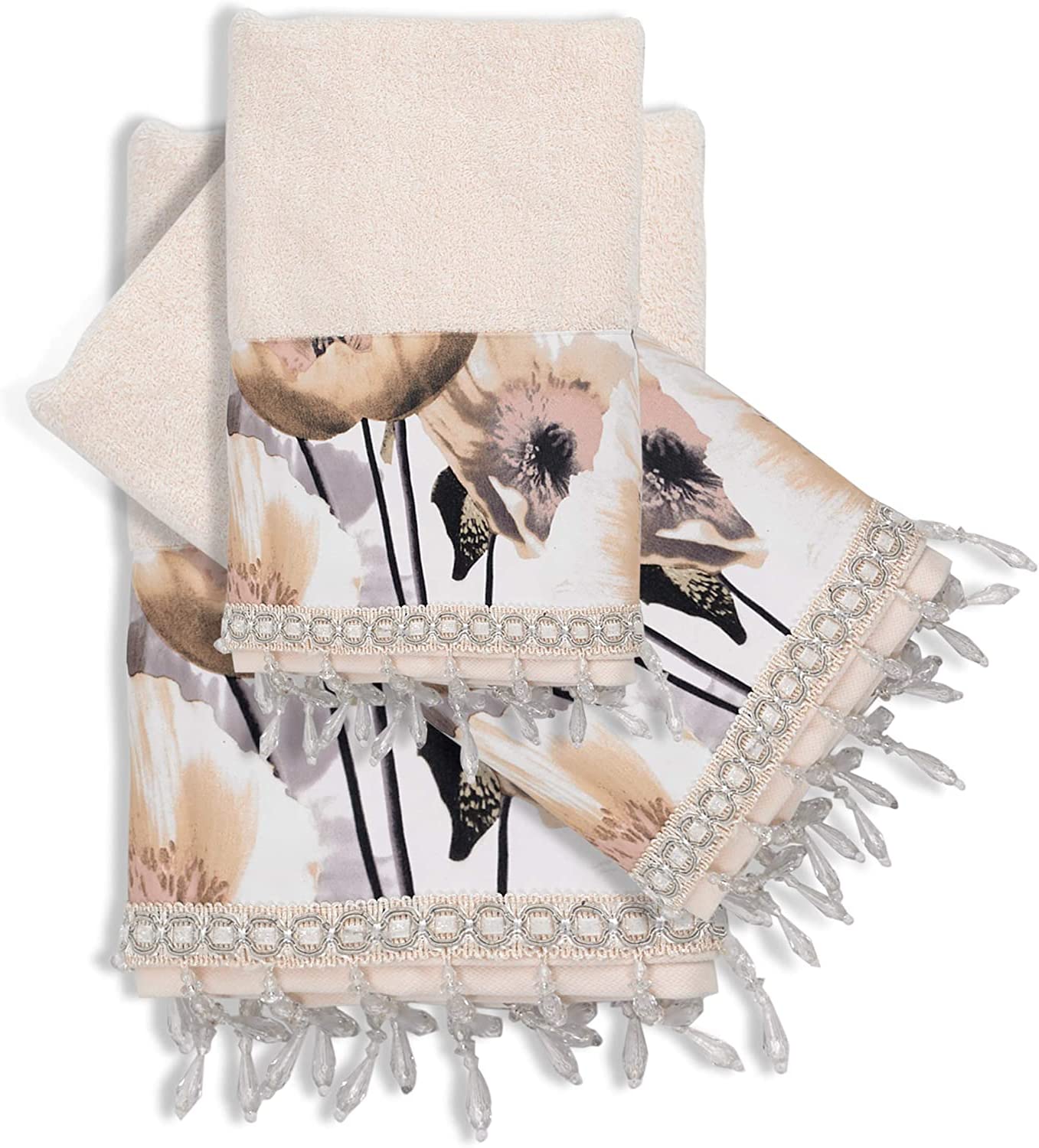 Zahari Home Rose Vine Bathroom Towel Set - 3 Piece Towel Set in Beige - Modern Decor, Unique Design