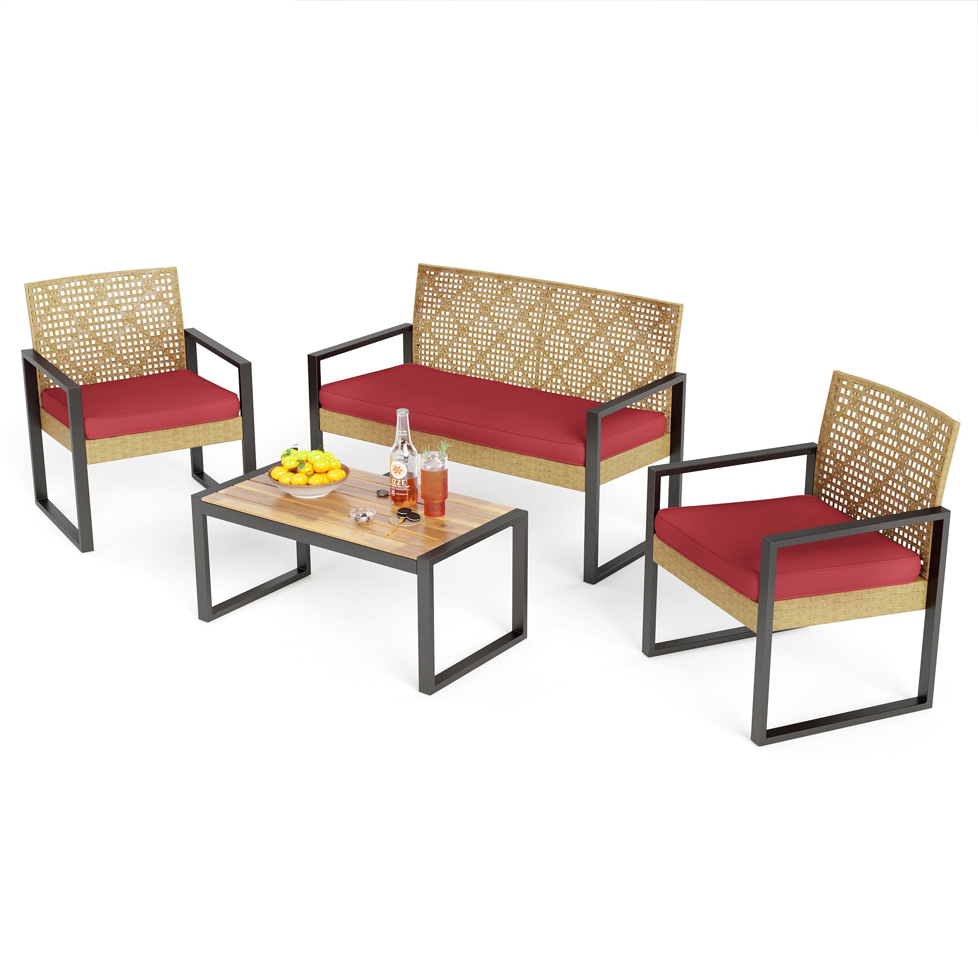 PHI VILLA Patio Wicker Furniture Set for 4, Brown Rattan Loveseat & Chairs with Beige Cushions & Acacia Wood Coffee Table, Outdoor Conversation Sofa Set for Deck, Yard, Porch (Round Hole Back)