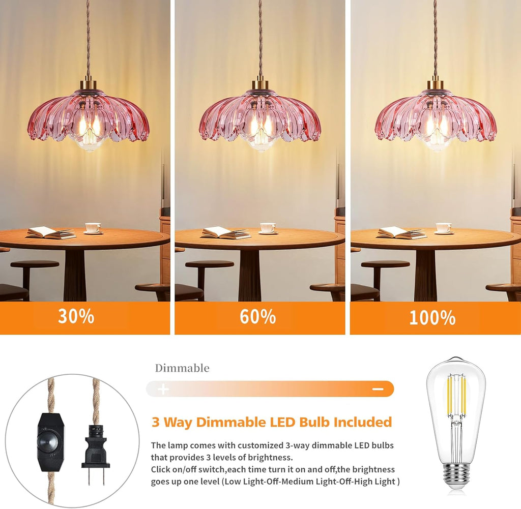 Pink Plug in Pendant Light Glass Hanging Lights with Plug in Cord Boho Hanging Lamp Gold Mid Century Modern Vintage Dimmable Flower Plug in Chandelier Ceiling Fixture for Living Room,Bedroom