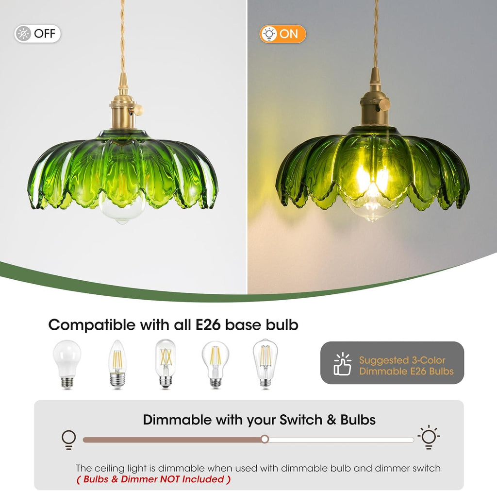 Plug in Pendant Light, Hanging Lights with Plug in Cord, Hanging Light Fixture with Green Glass, E26 Pendant Lighting for Kitchen Island, Bedroom, Dining Room, Living Room